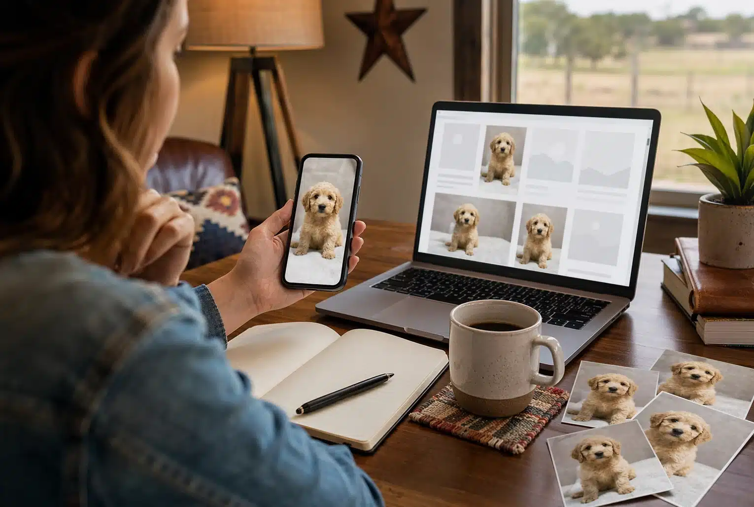 Buyer photographing puppy with open notebook and coffee mug