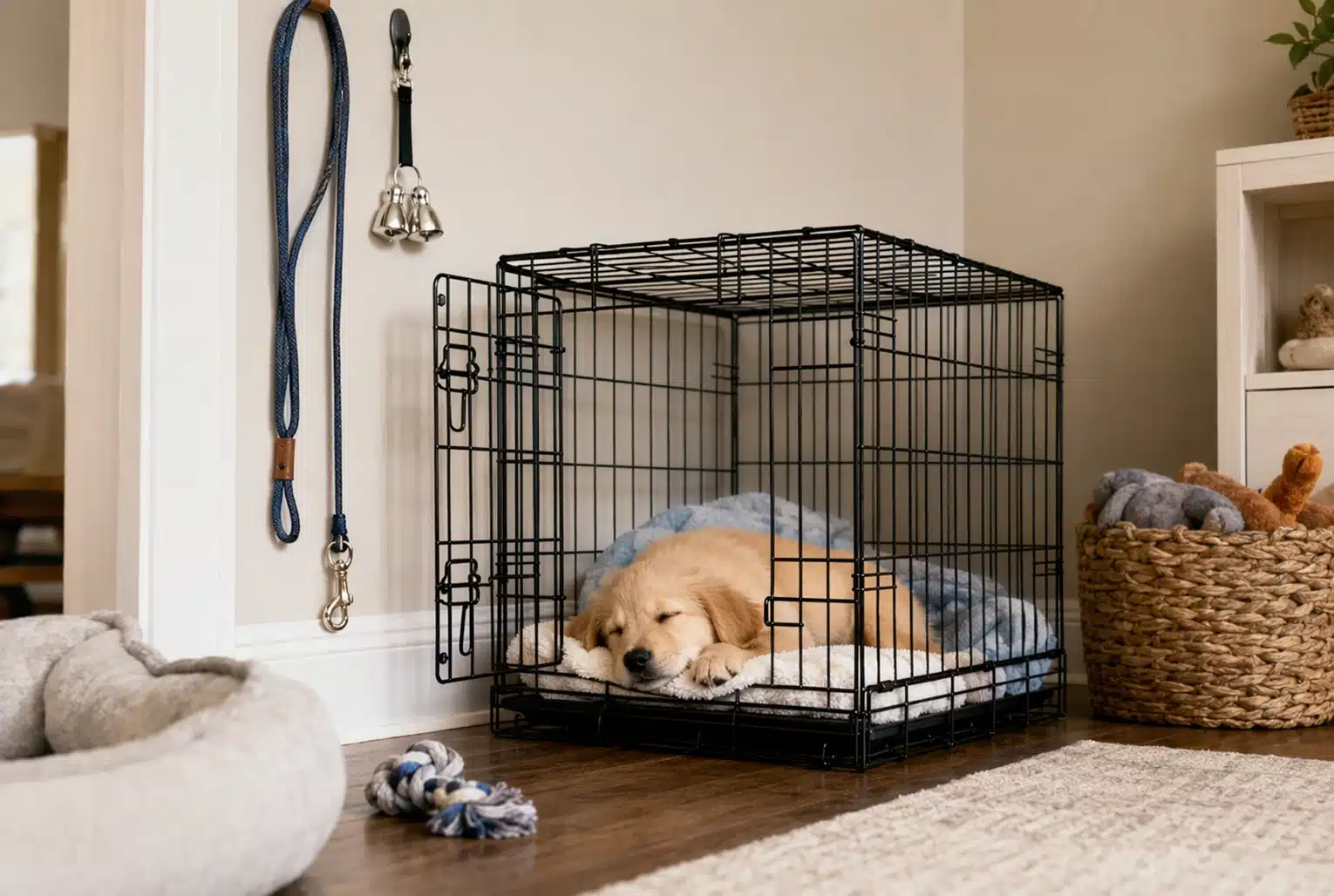 Young puppy sleeping in open crate with leash and potty bells