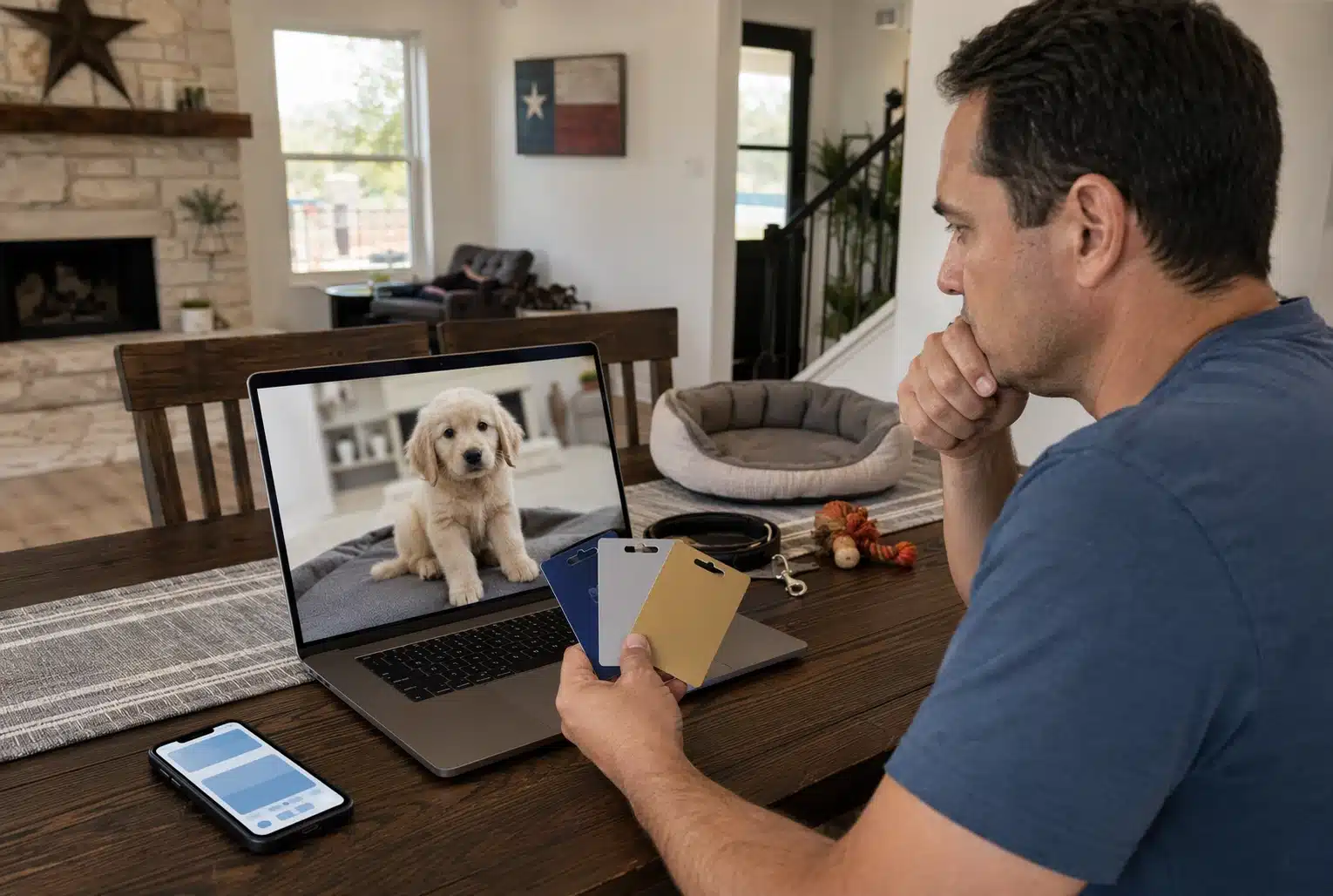 Parent holding prepaid cards beside puppy listing and bank app