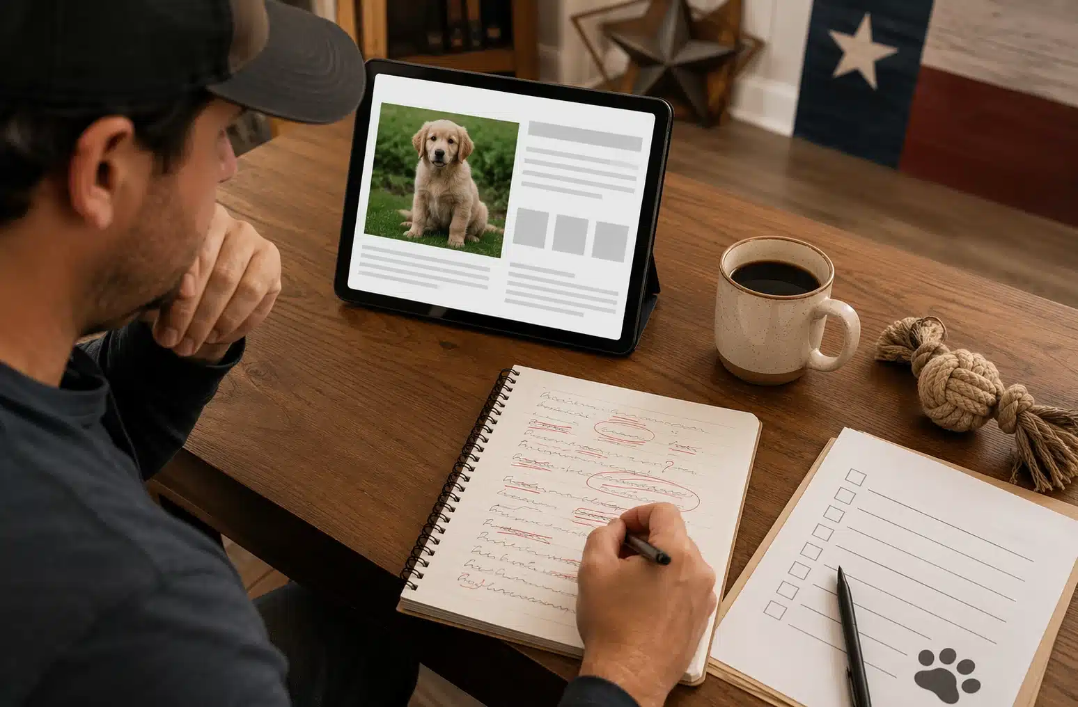 Buyer reviewing awkward puppy listing on tablet