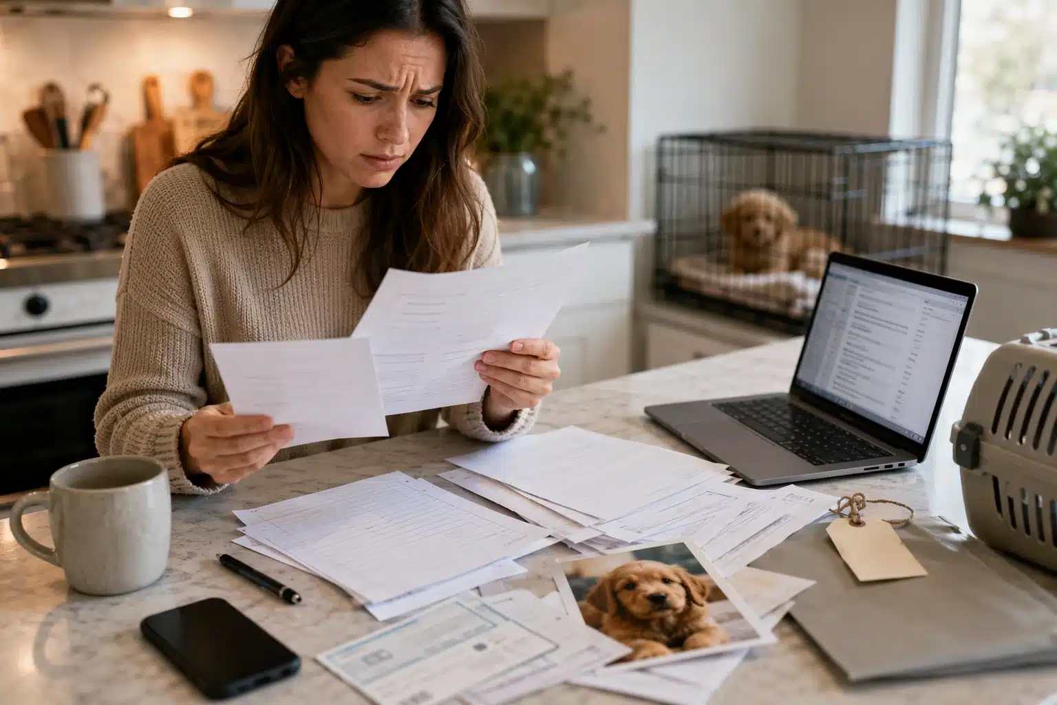 Buyer reviewing puppy invoice and shipping emails at breakfast bar