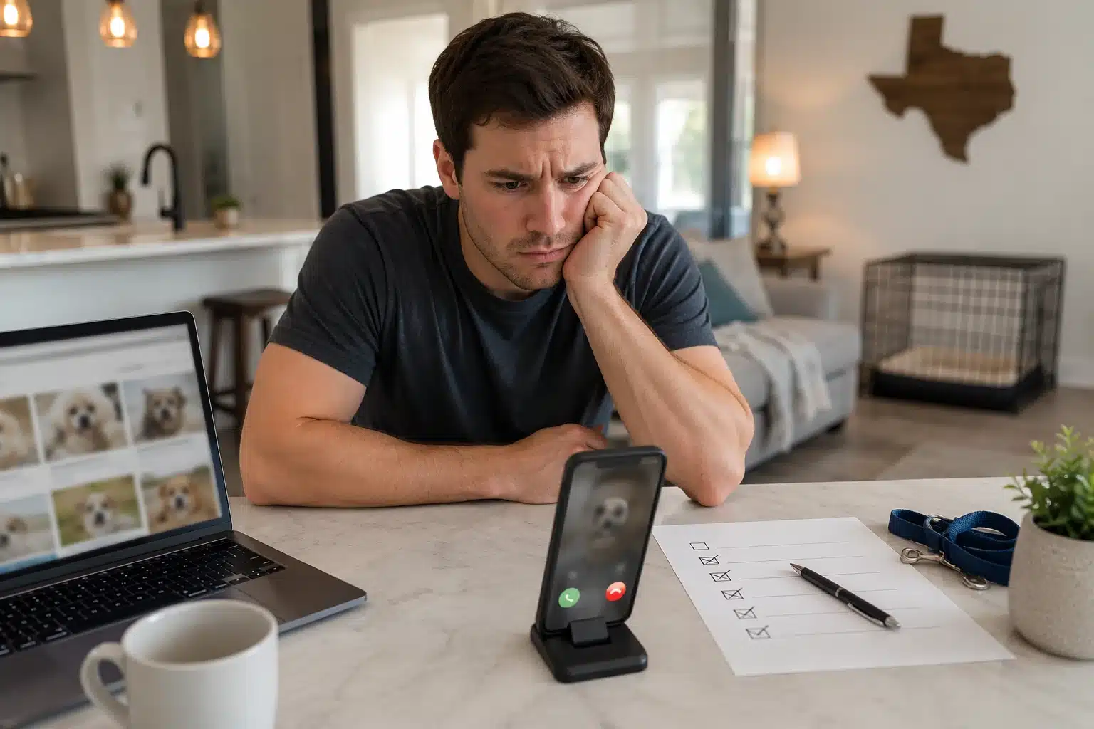 Buyer waiting beside ringing smartphone and puppy checklist