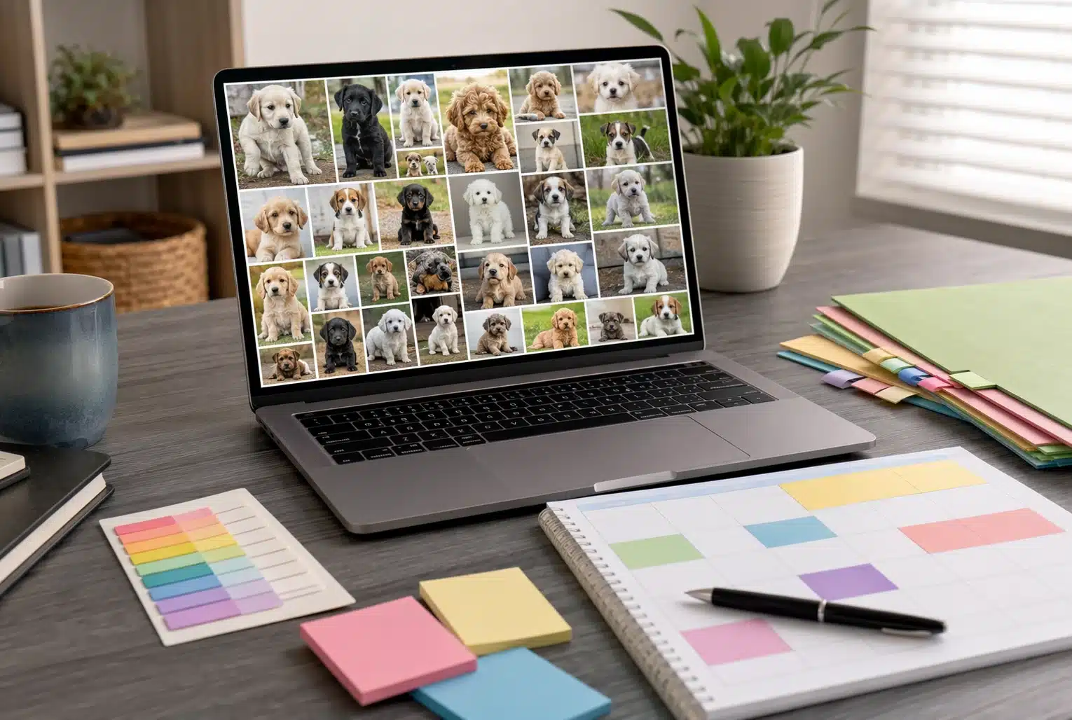 Laptop displaying multiple puppy listings beside notes and calendar