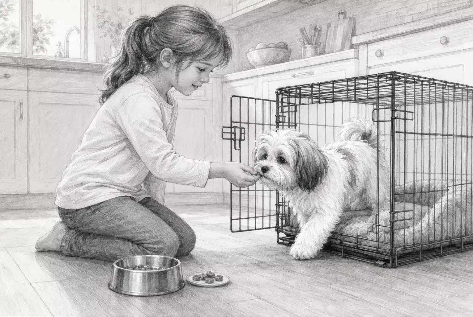 Child rewarding Havanese puppy in open crate