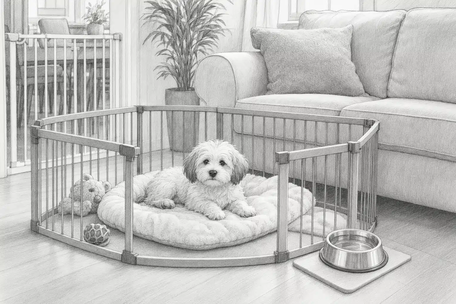 Fluffy puppy resting in cozy playpen