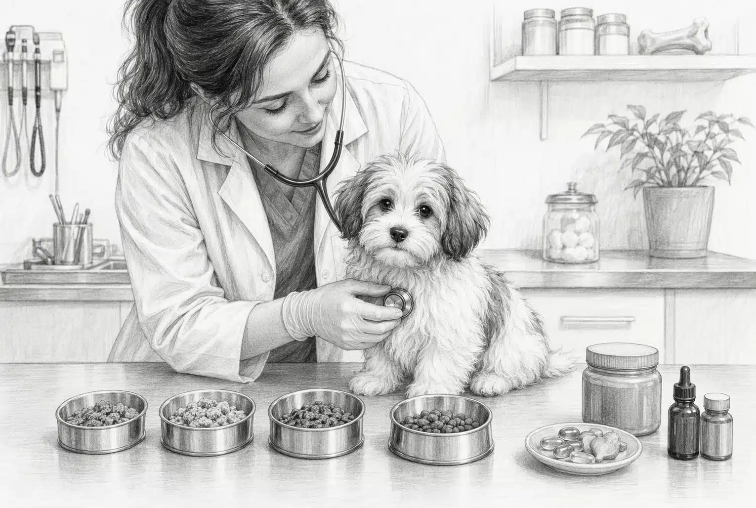 Veterinarian examining a Havanese puppy beside measured food bowls