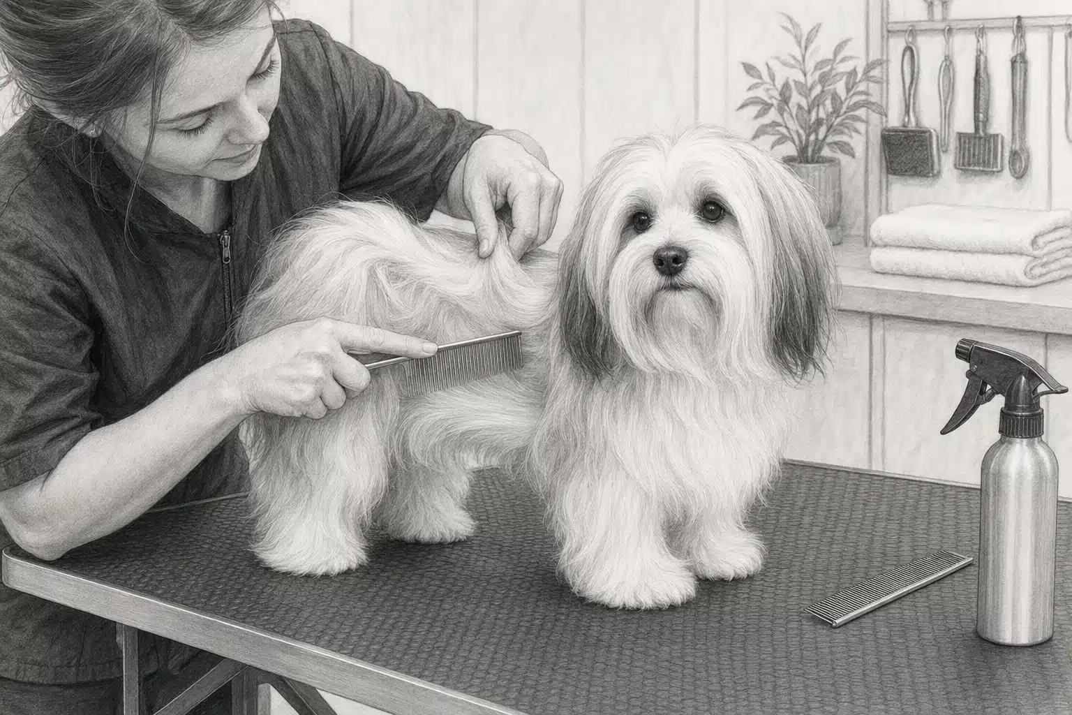 Groomer brushing silky Havanese coat on table