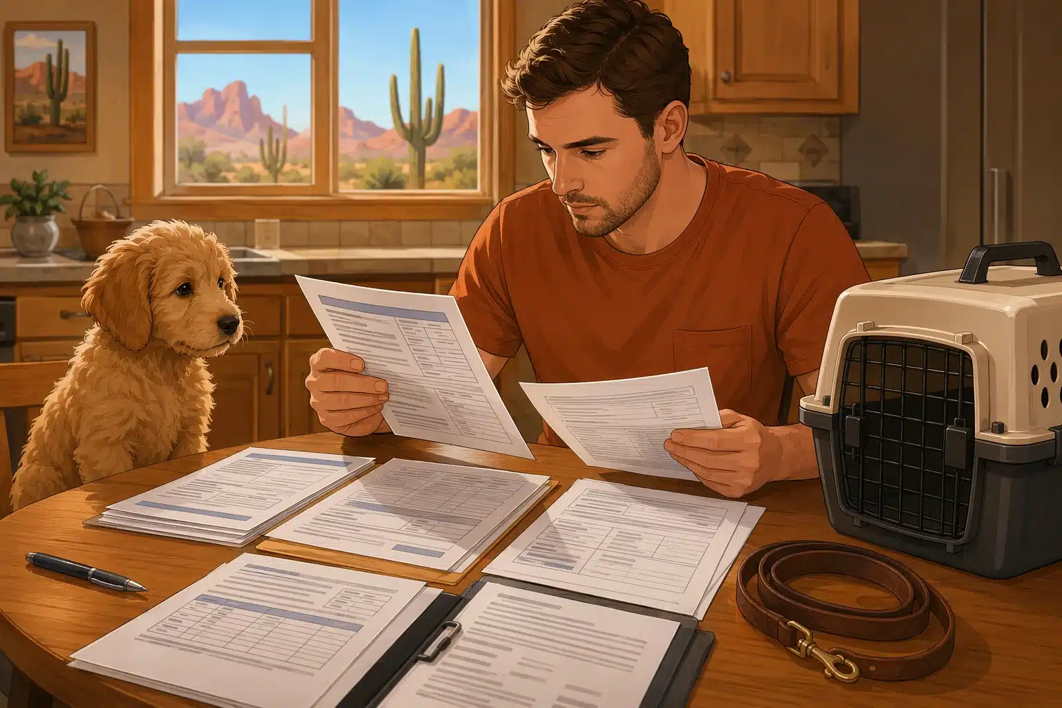 Buyer reviewing puppy vaccination papers at kitchen table