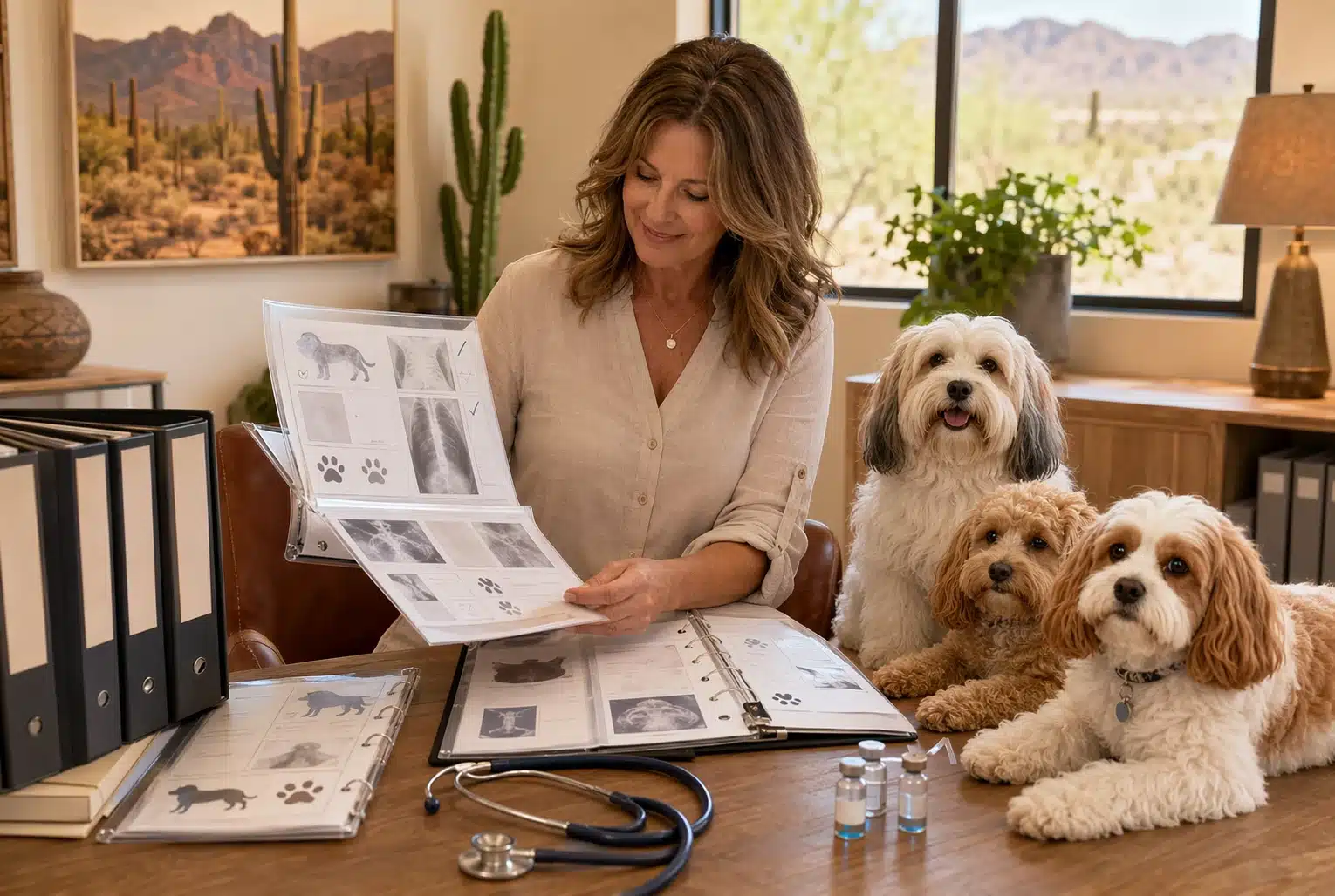 A woman in Arizona smiles at three adorable puppies while reviewing veterinary records and X-rays, suggesting responsible breeders for puppies for sale in Arizona.