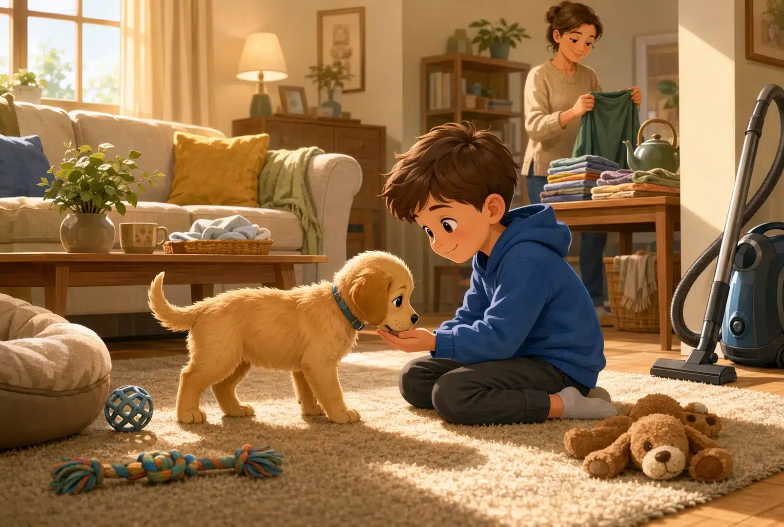 Puppy meeting child in cozy living room