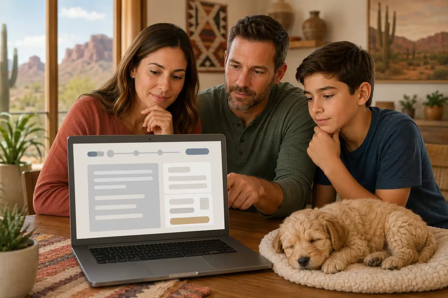 Family reviewing puppy application on laptop with sleeping small dog