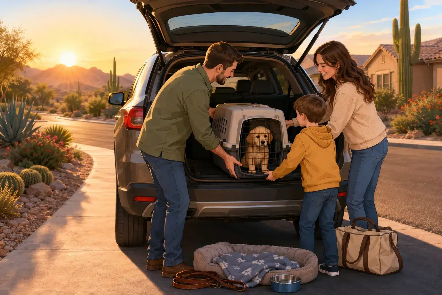 Family loading puppy carrier into SUV at sunrise