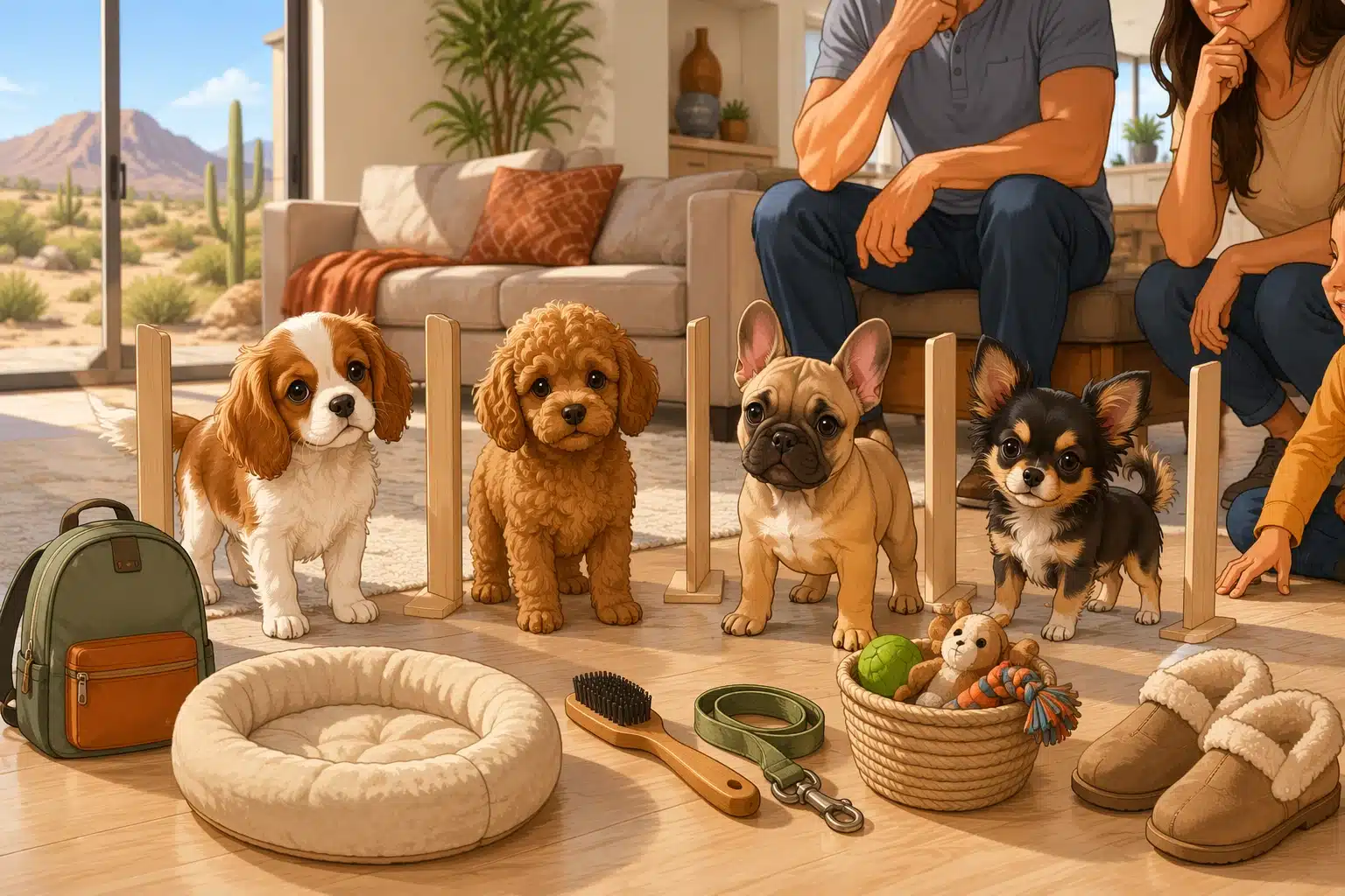 Small puppies with size markers and family gear