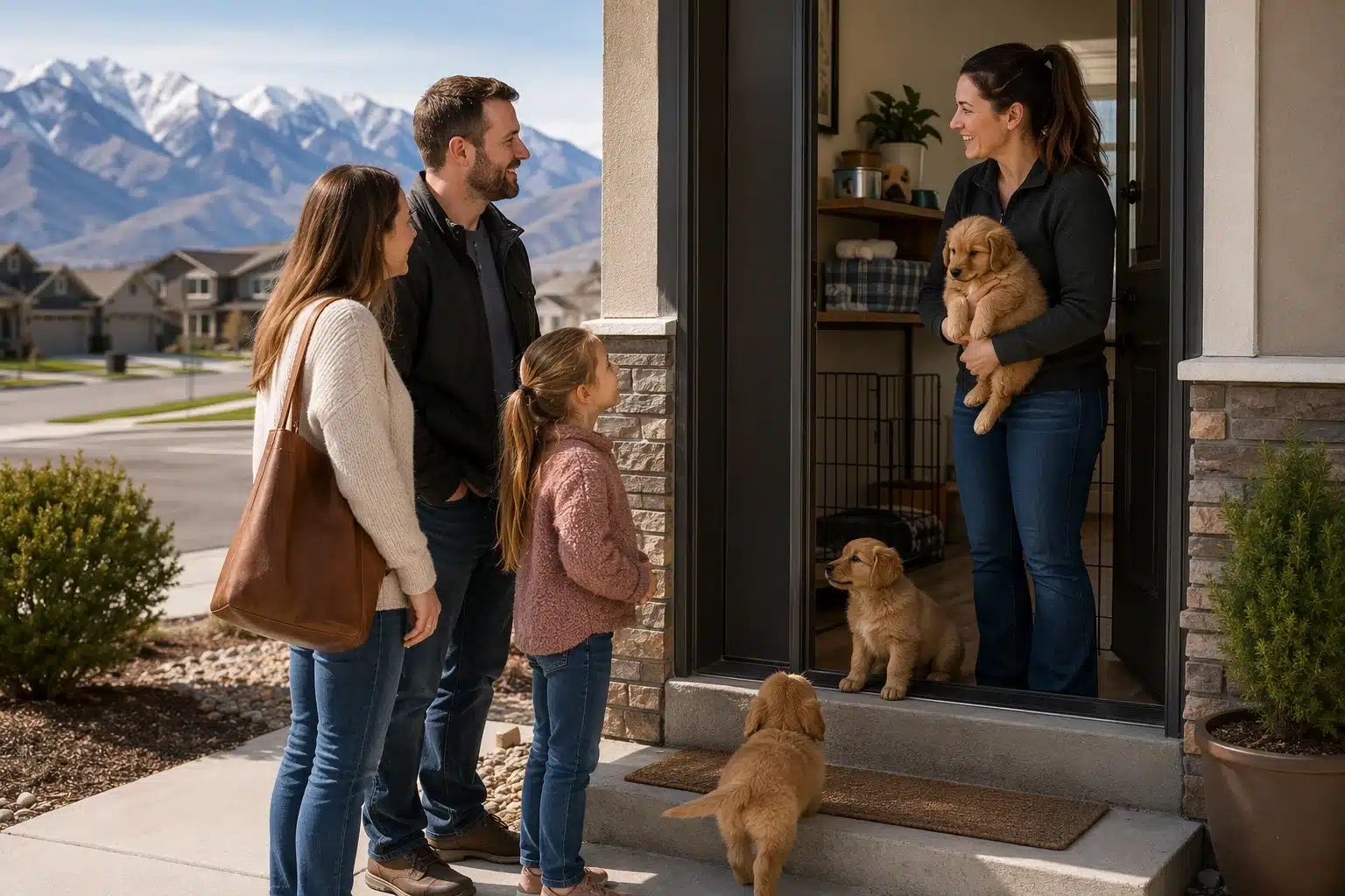 Utah breeder greeting family at home entrance