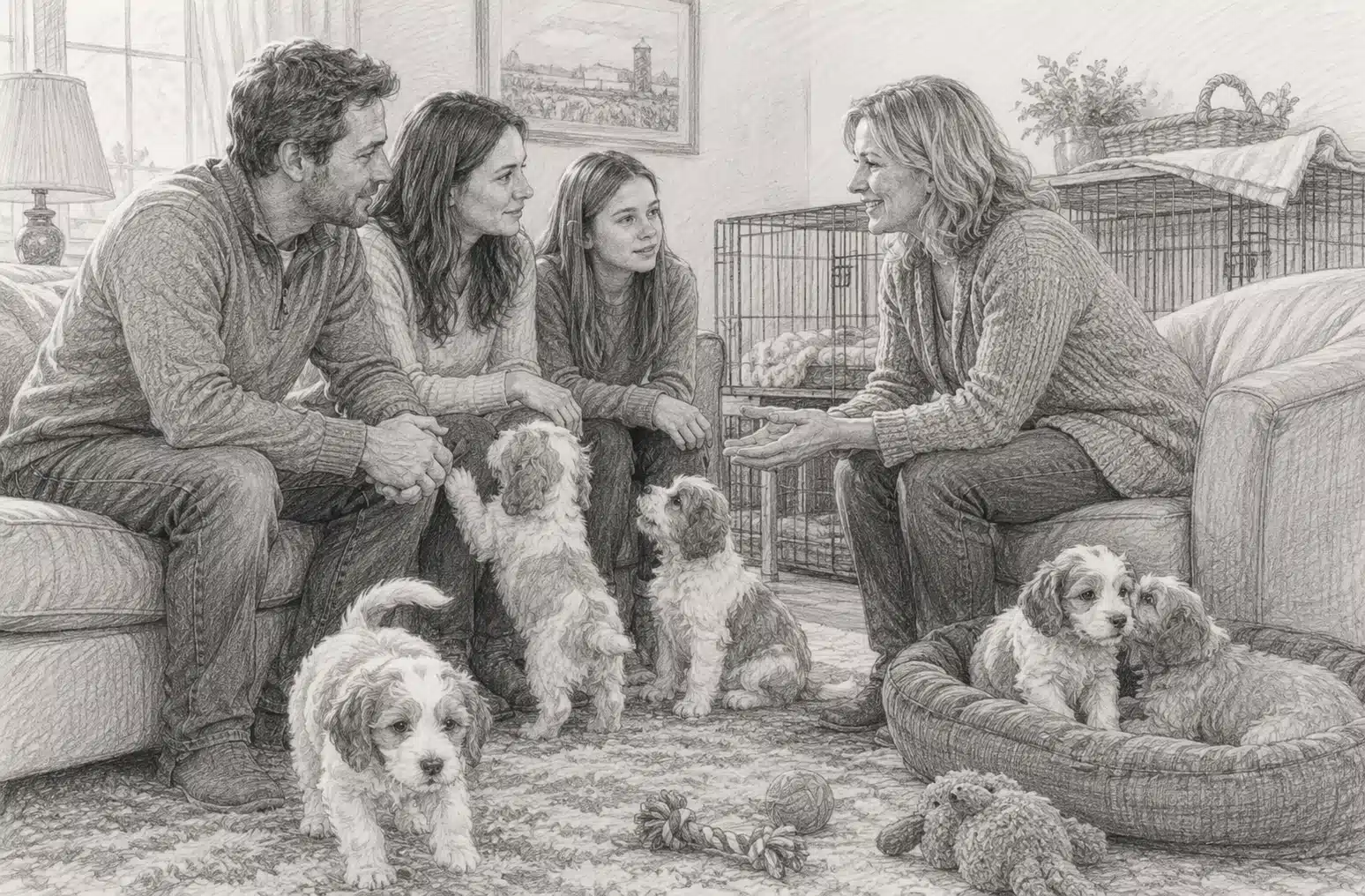Family speaking with breeder beside playful puppies