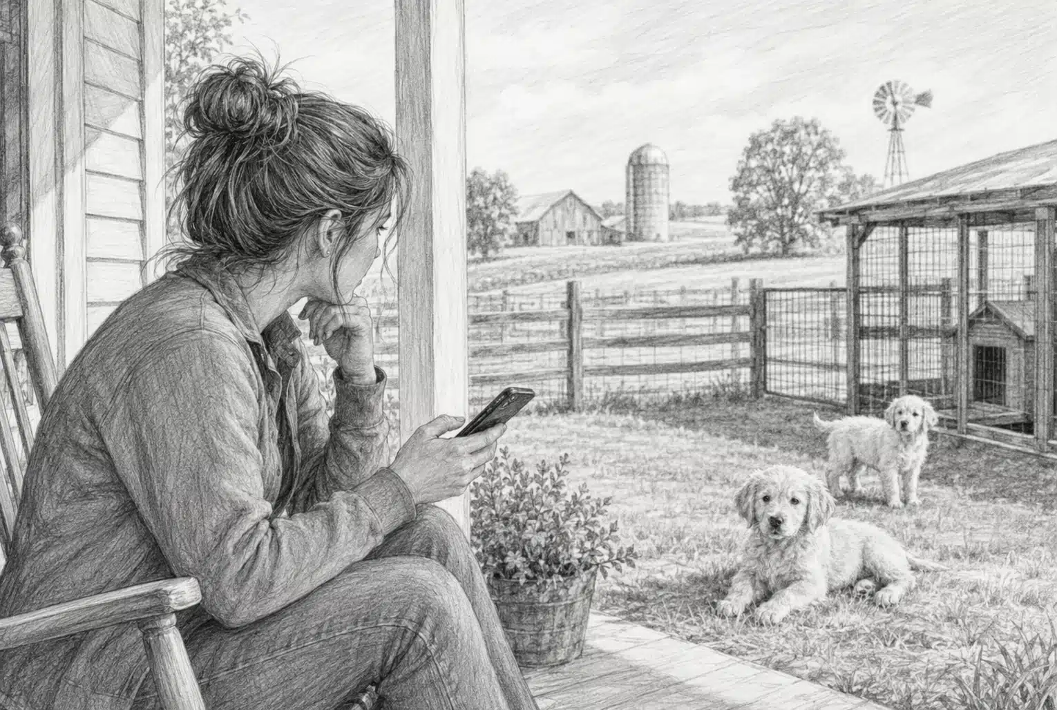 Buyer reviewing puppy questions beside farmhouse porch