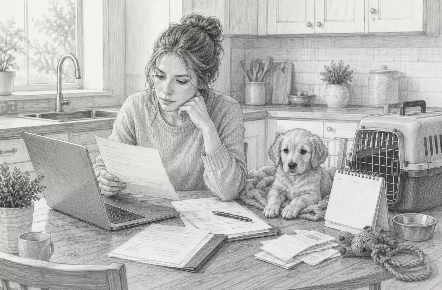 Buyer reviewing puppy contract at kitchen table
