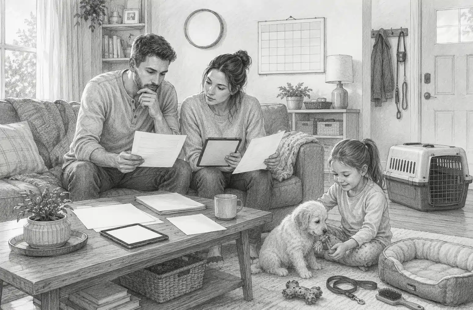 Parents reviewing puppy listings with child playing on living room floor