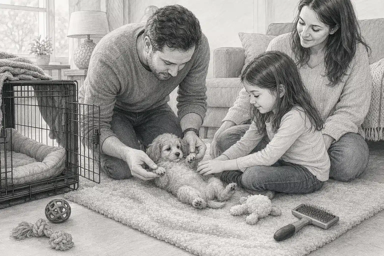 Family gently handling puppy beside crate and grooming tools