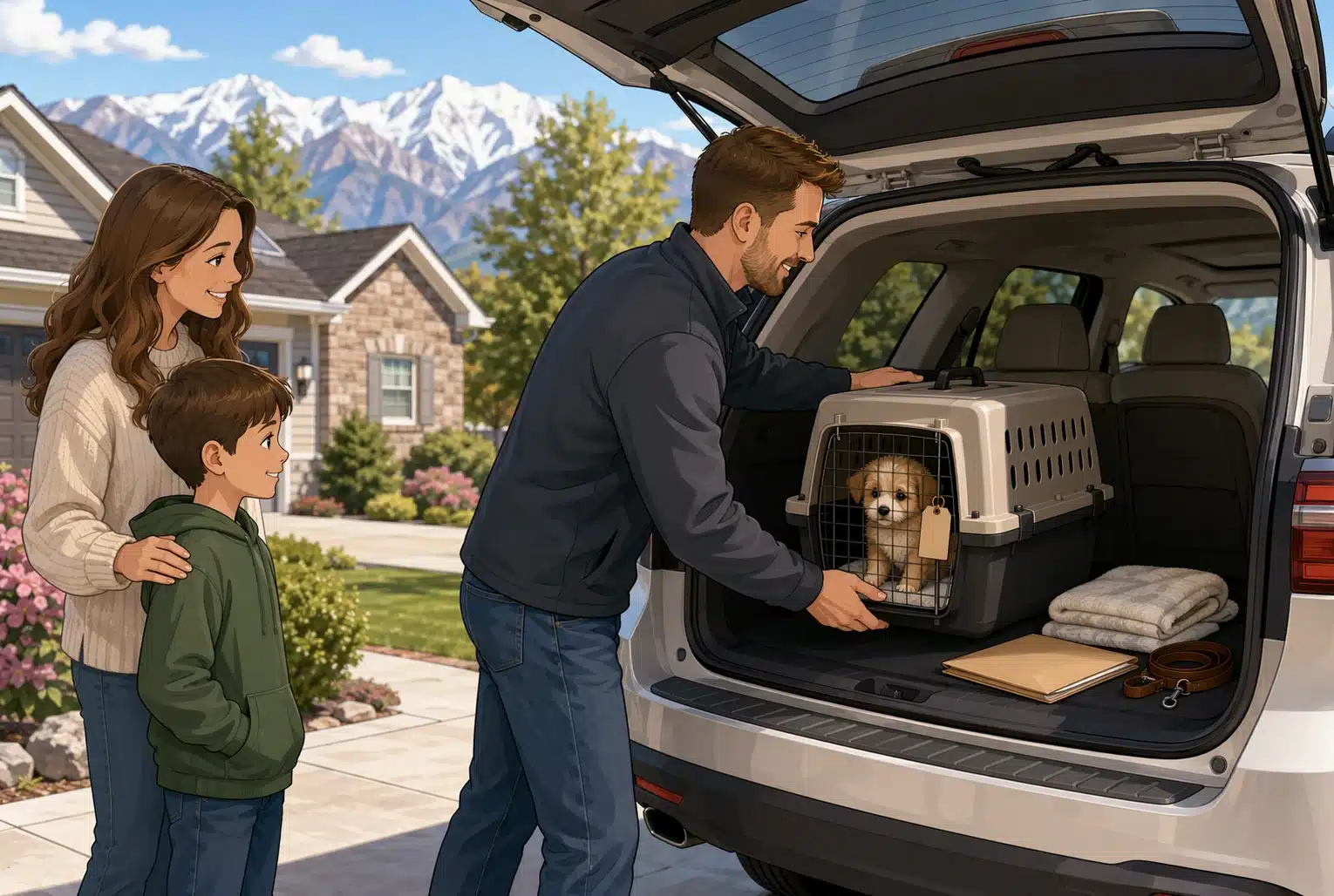 Breeder loading puppy crate into SUV