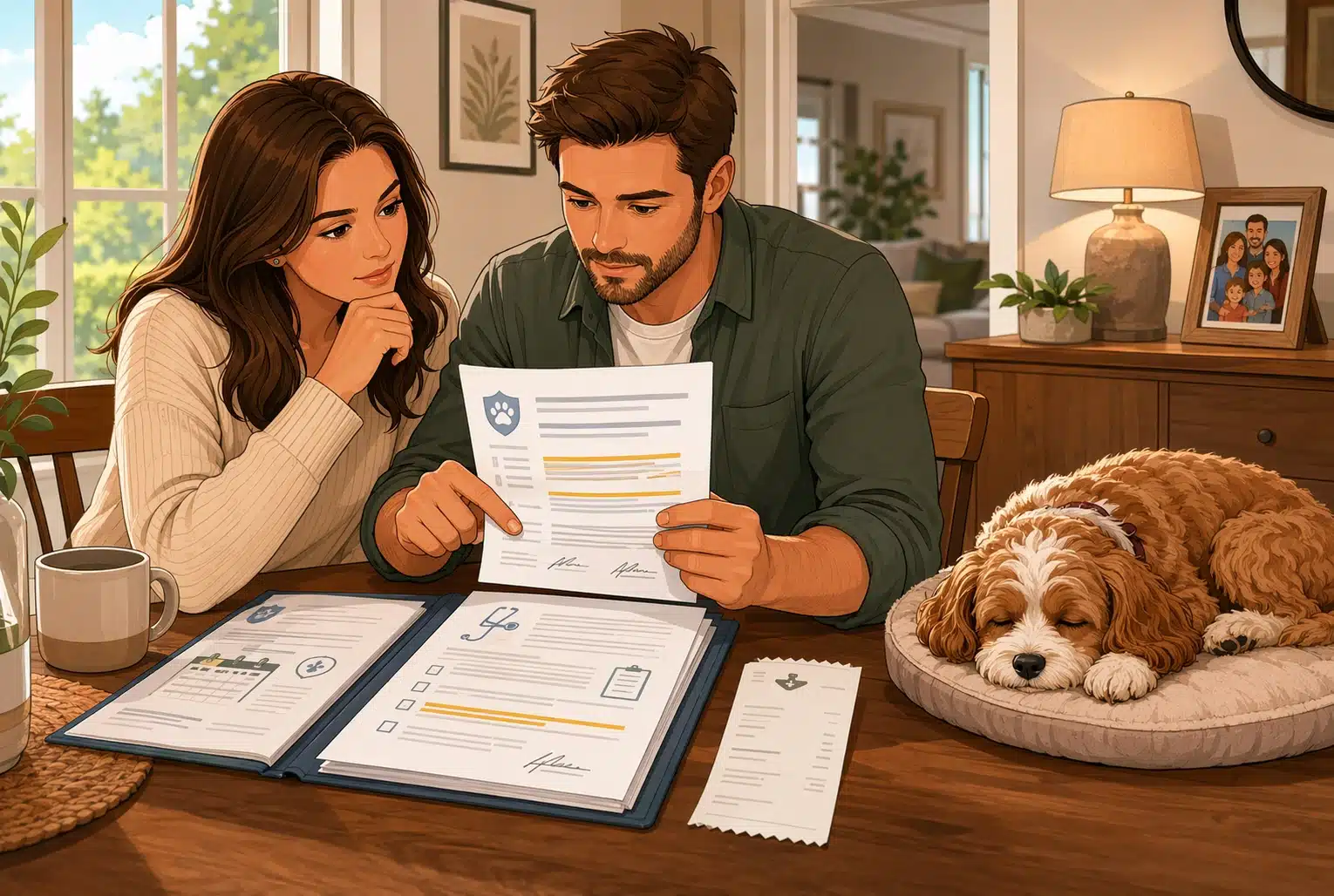 Parents reviewing puppy health guarantee contract beside sleeping Cavapoo