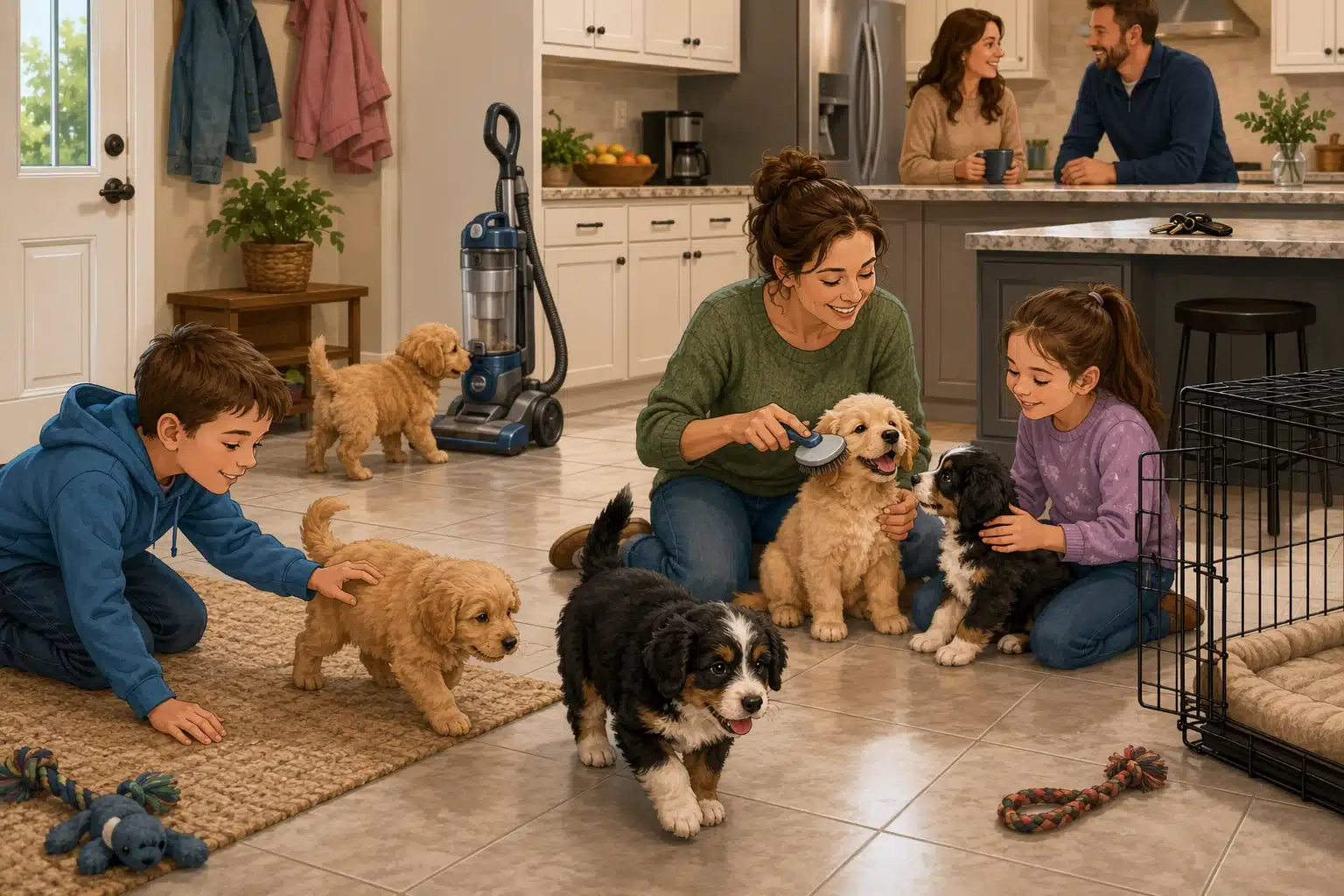 Puppies playing on kitchen tile with children and adult