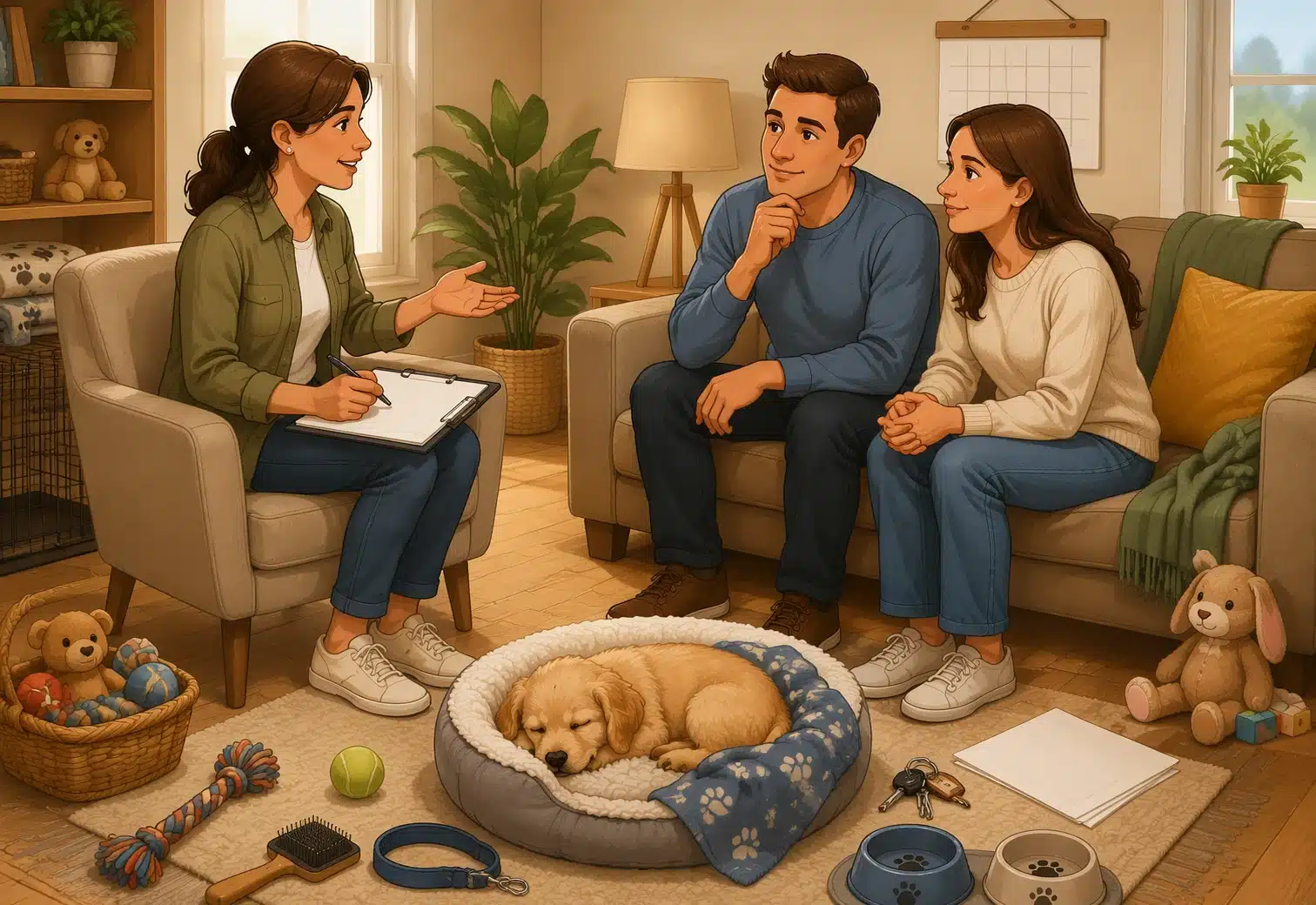 Breeder discussing puppy care with young couple