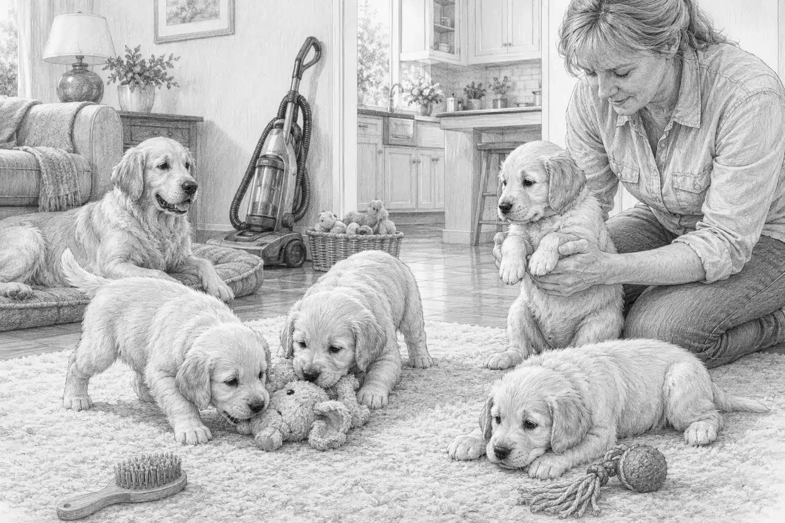 Puppies being gently handled in a bright living room