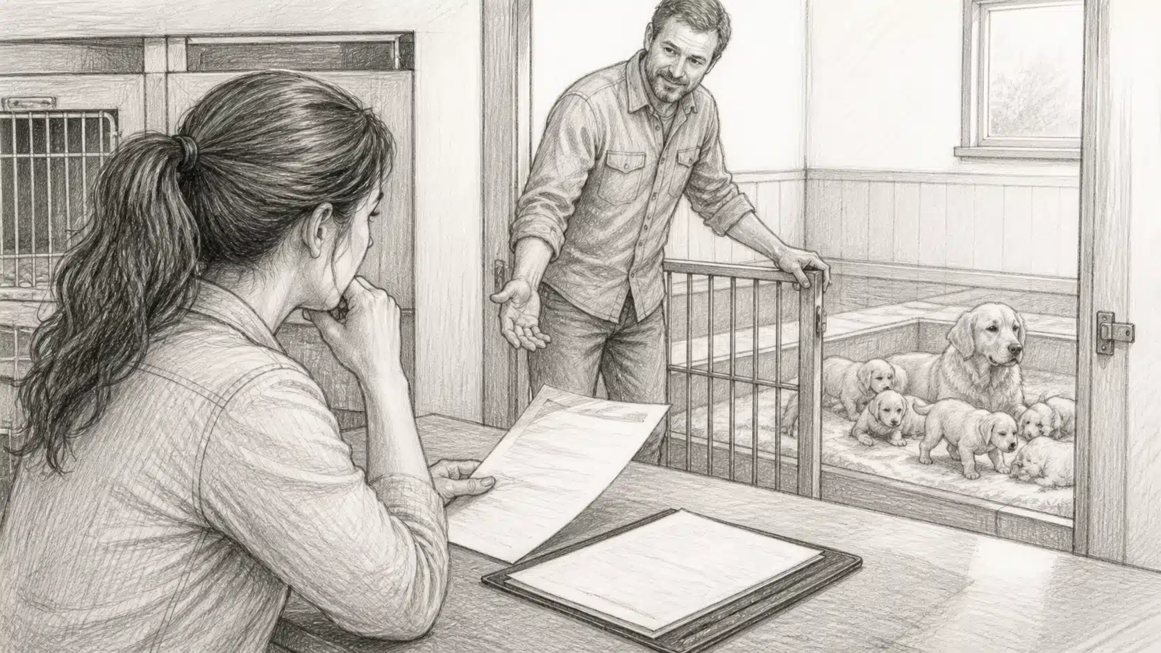 Buyer pauses over contract as breeder opens clean whelping room