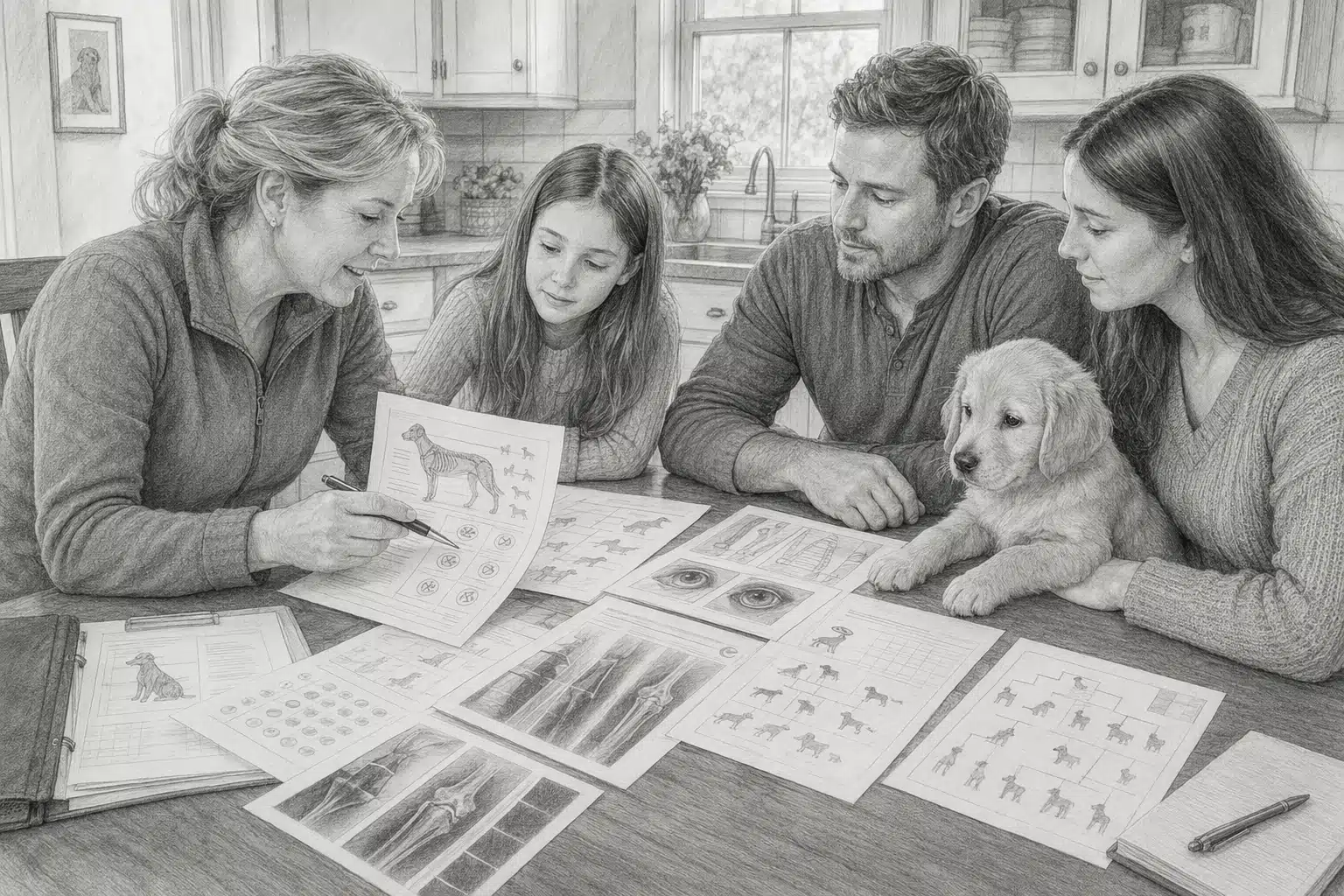 Breeder and family reviewing health records at kitchen table