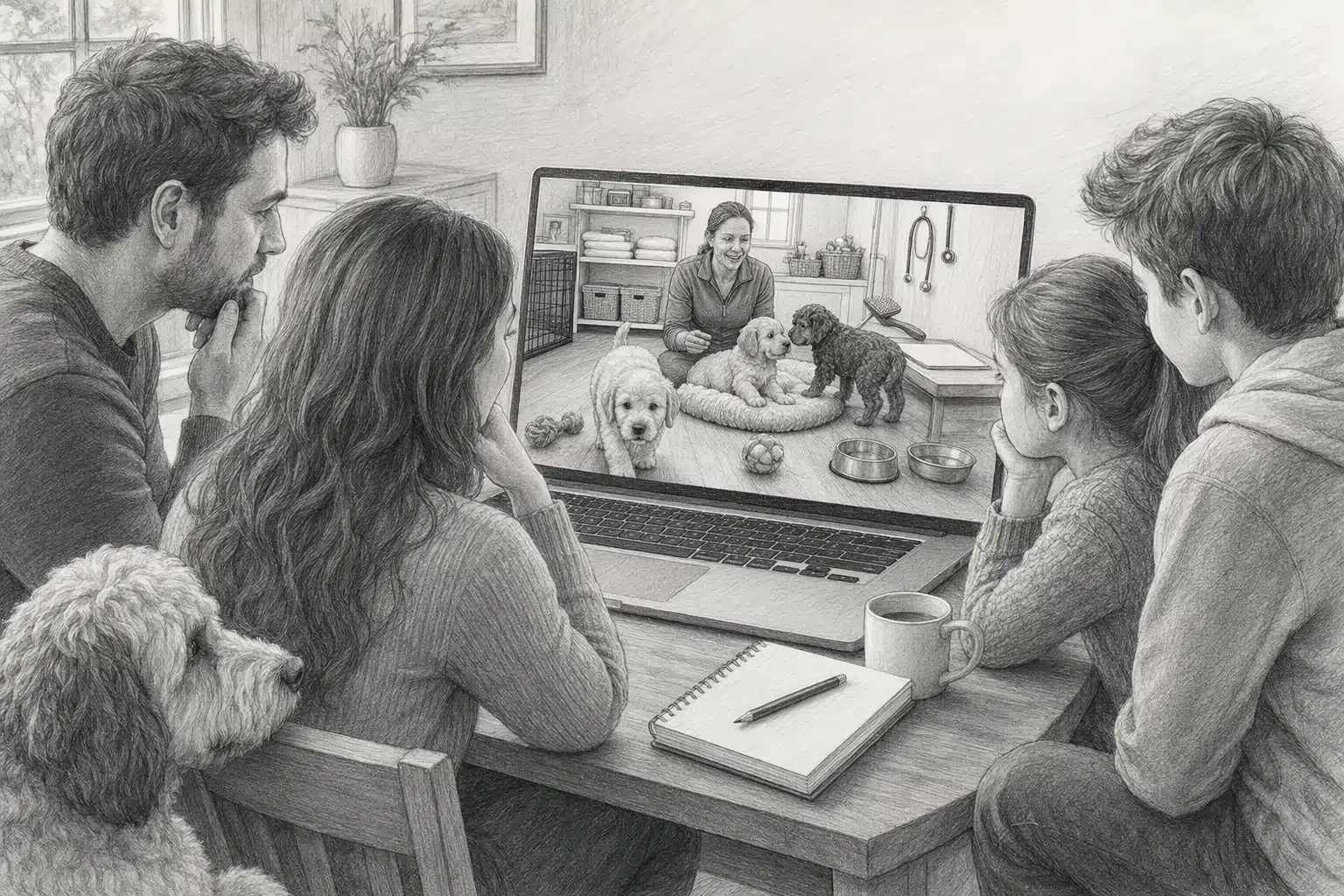 Prospective family video calling breeder with puppies in nursery