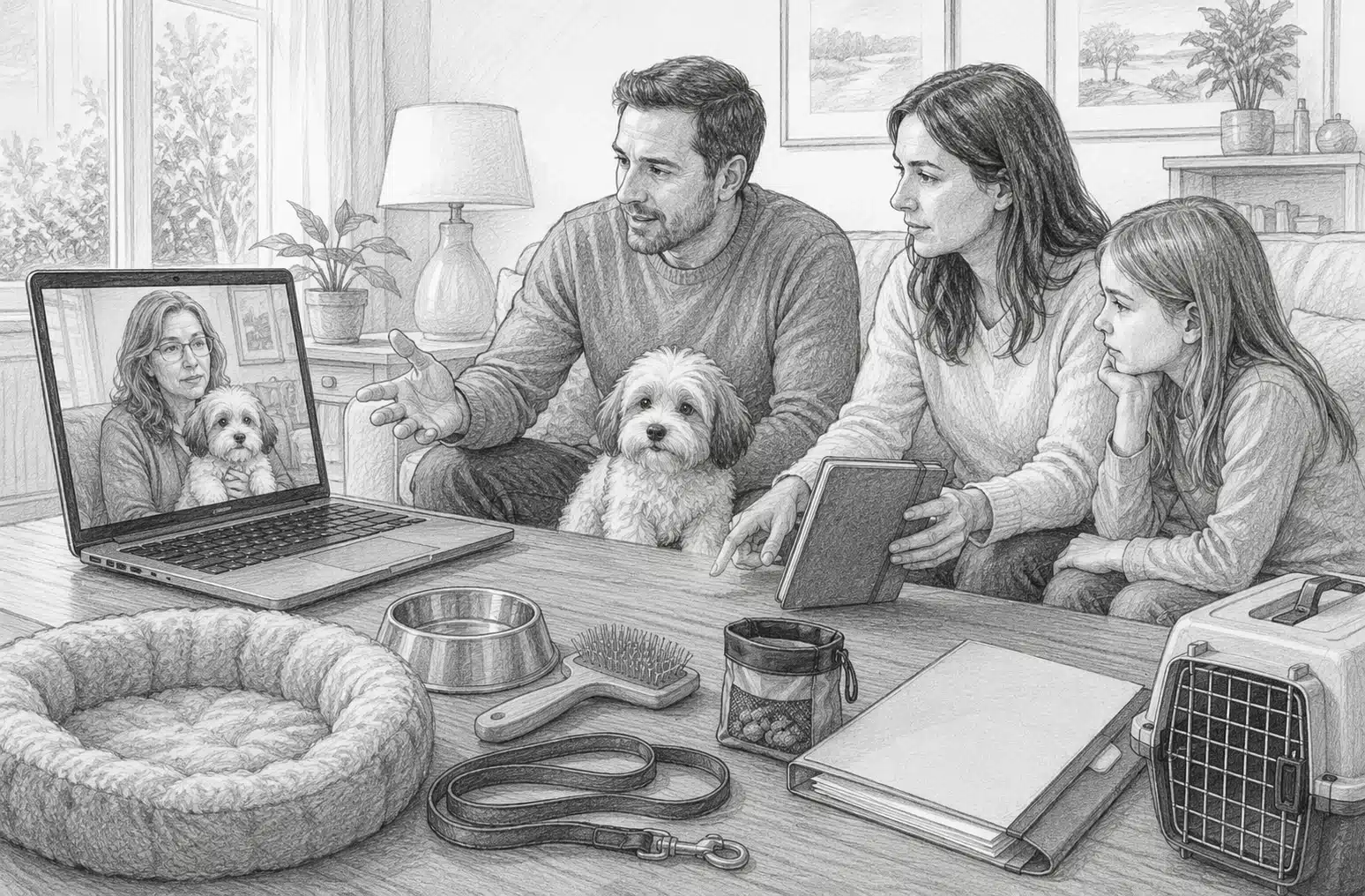 Family video call discussing puppy care in bright living room