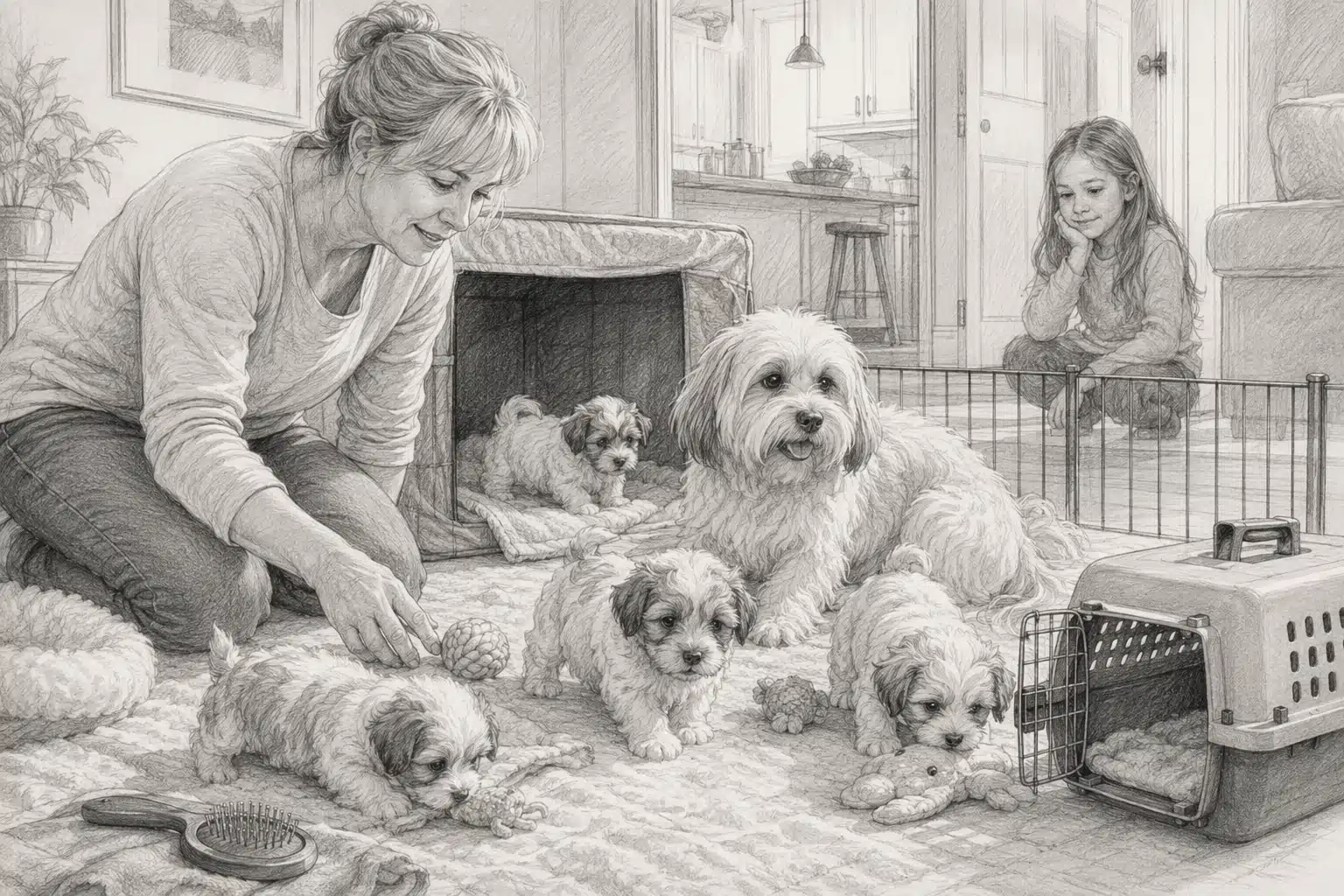 Breeder with puppies in sunny home pen