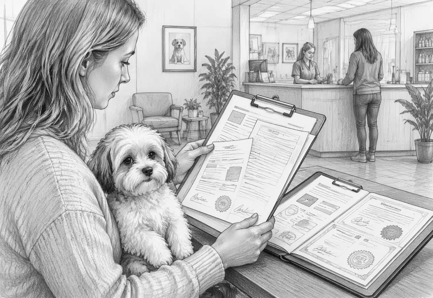 Buyer examining puppy health certificates at veterinarian lobby