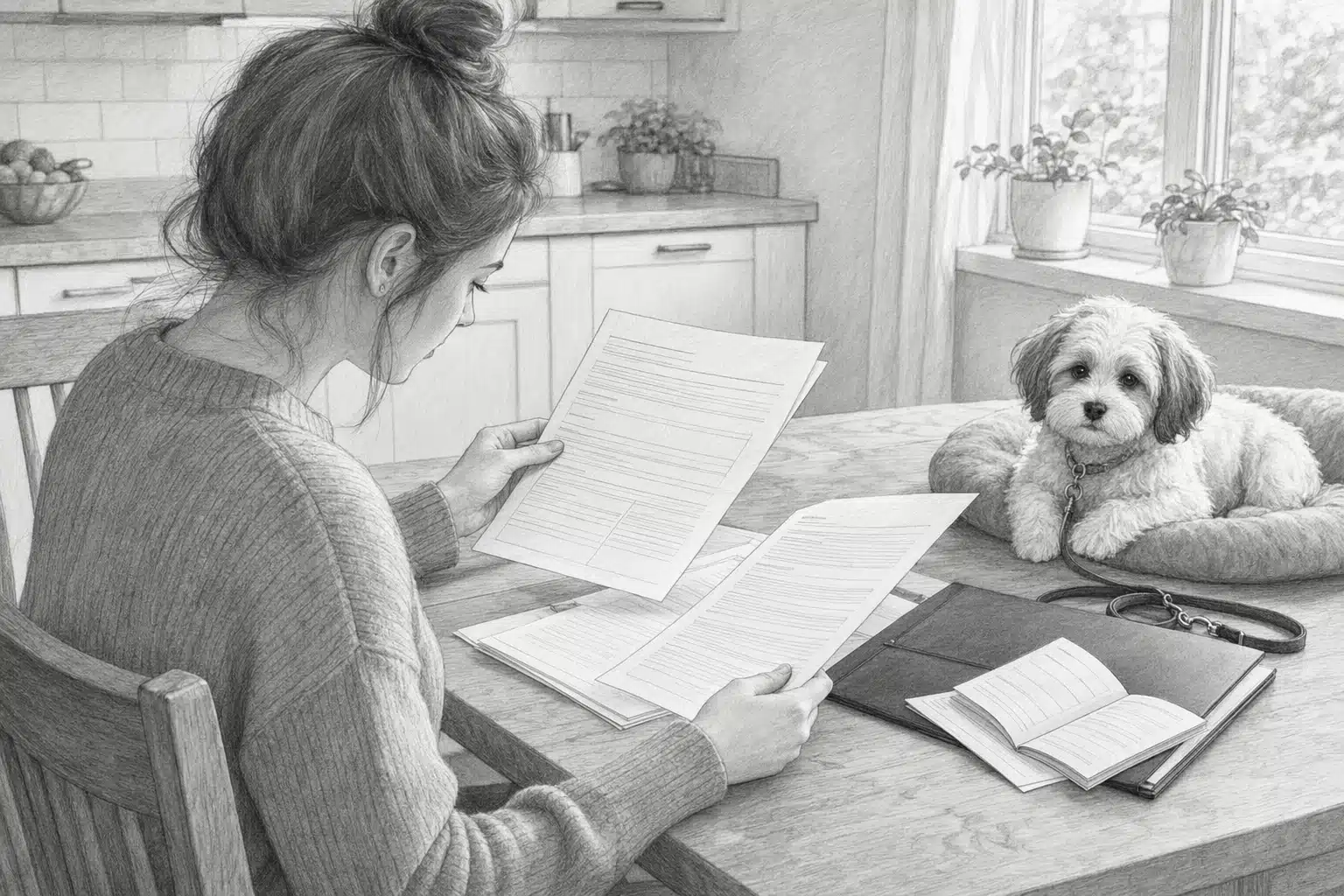 Buyer reviewing puppy contract and vet records at kitchen table