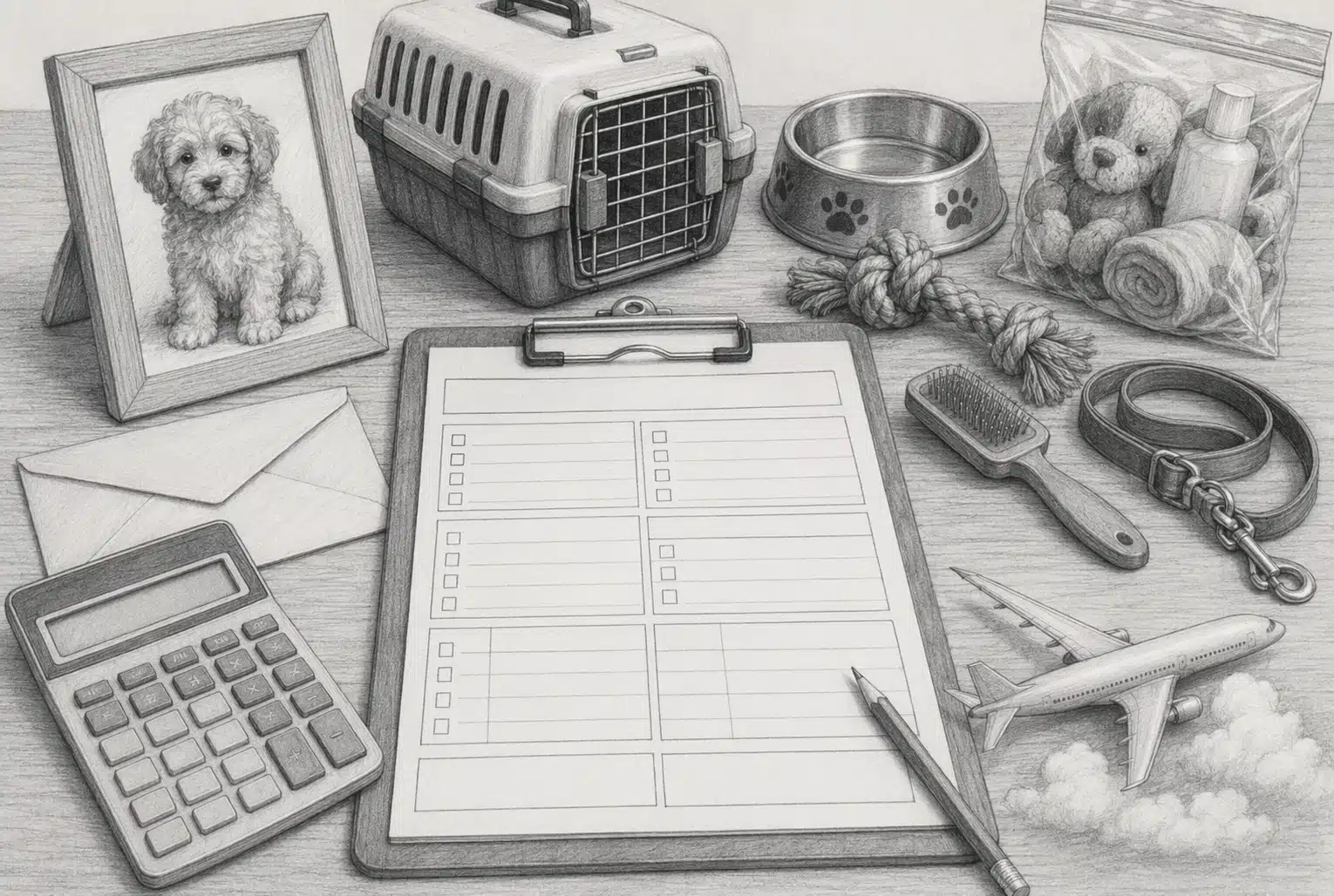 Pencil sketch of a budget worksheet with puppy supplies