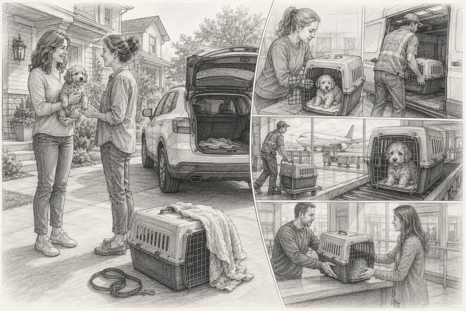 Split comparison of local pickup and nationwide puppy delivery processes