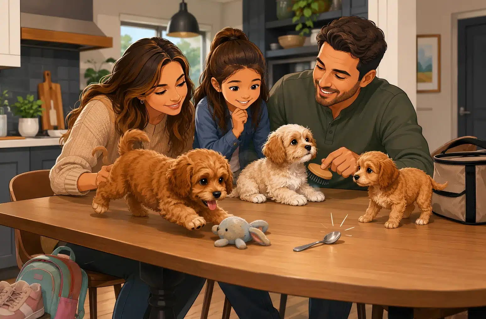 Family compares three Cavapoo puppies at kitchen table