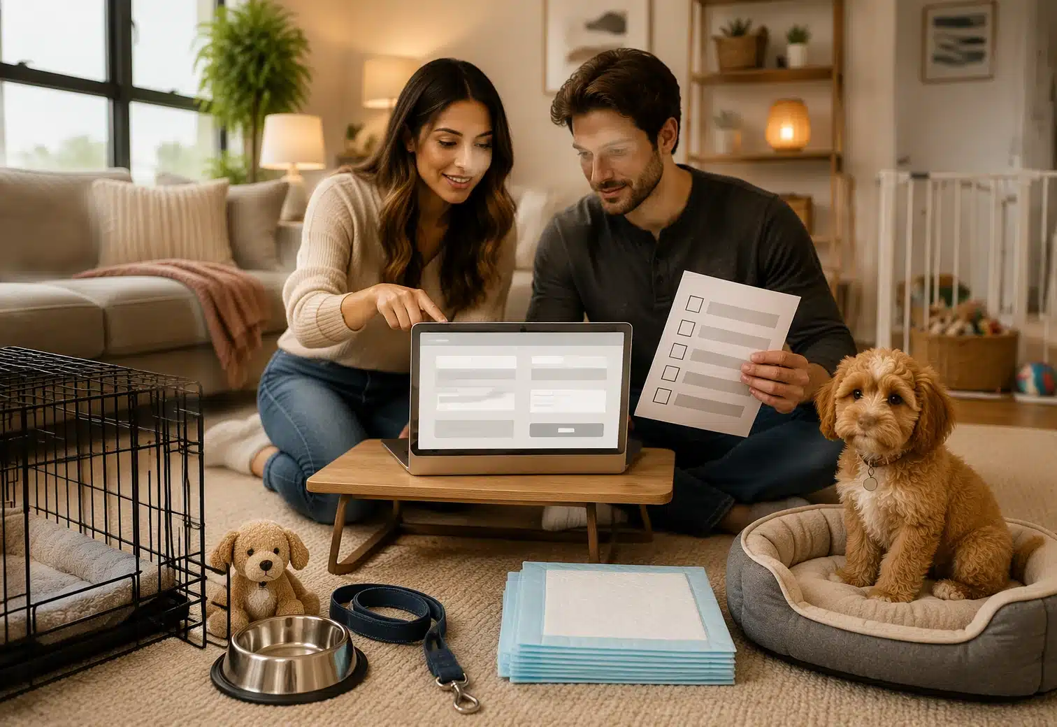 Parents reviewing puppy application at home with supplies
