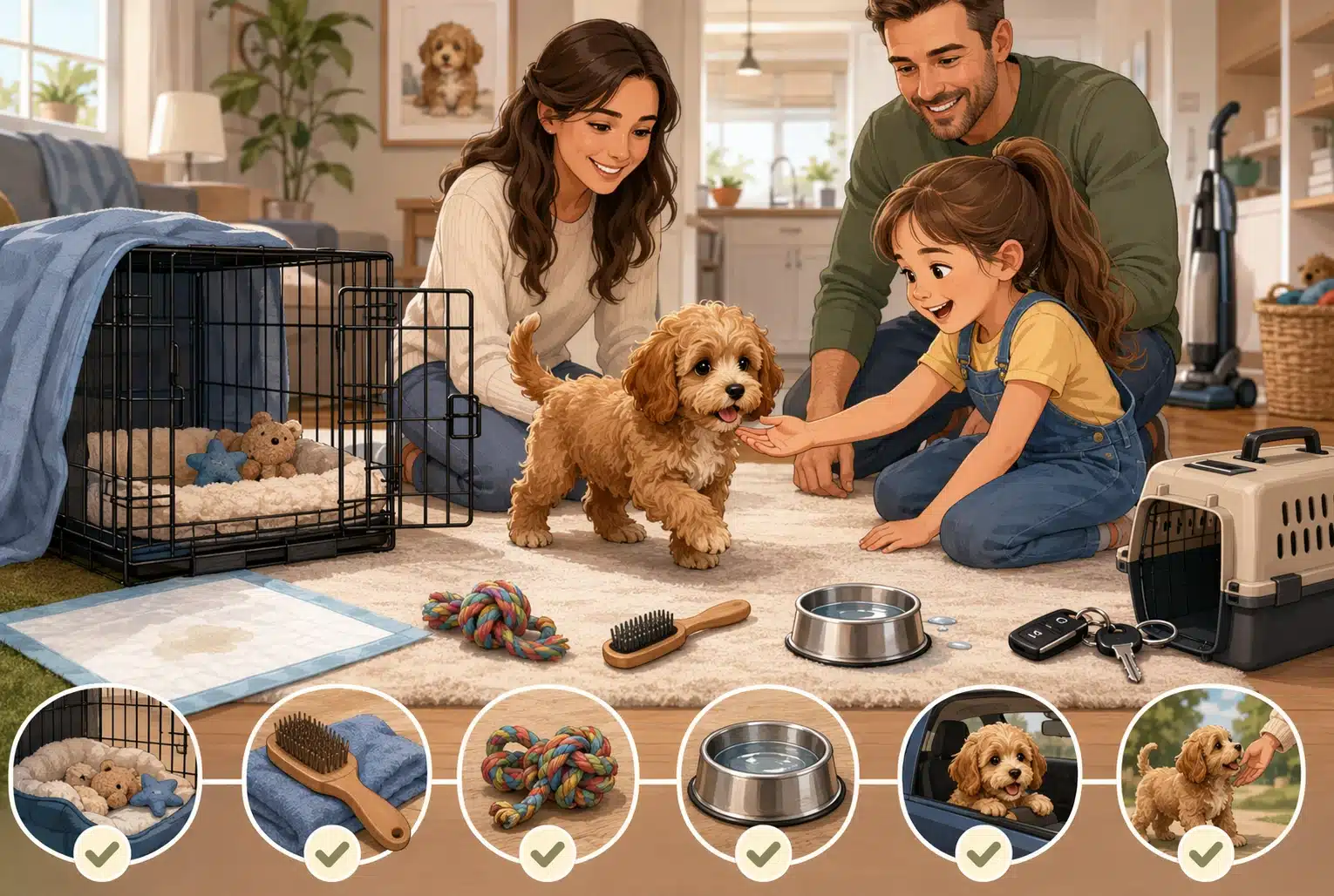 Family interacting with socialized puppies in a home setting