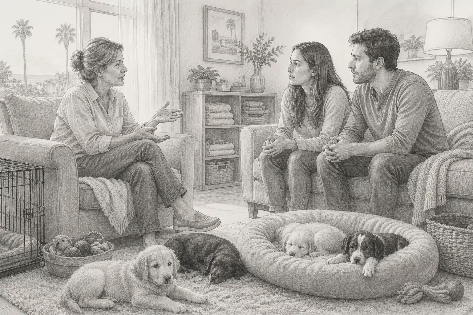 Breeder interviewing couple on sofa with puppies