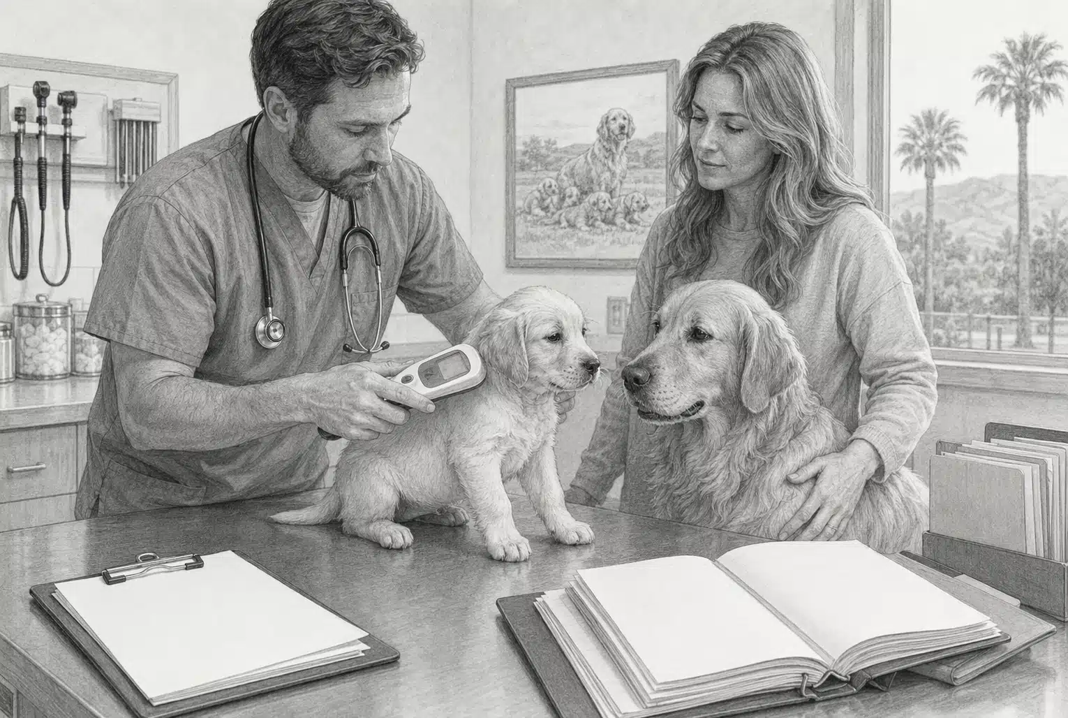 Veterinarian scanning puppy microchip in exam room