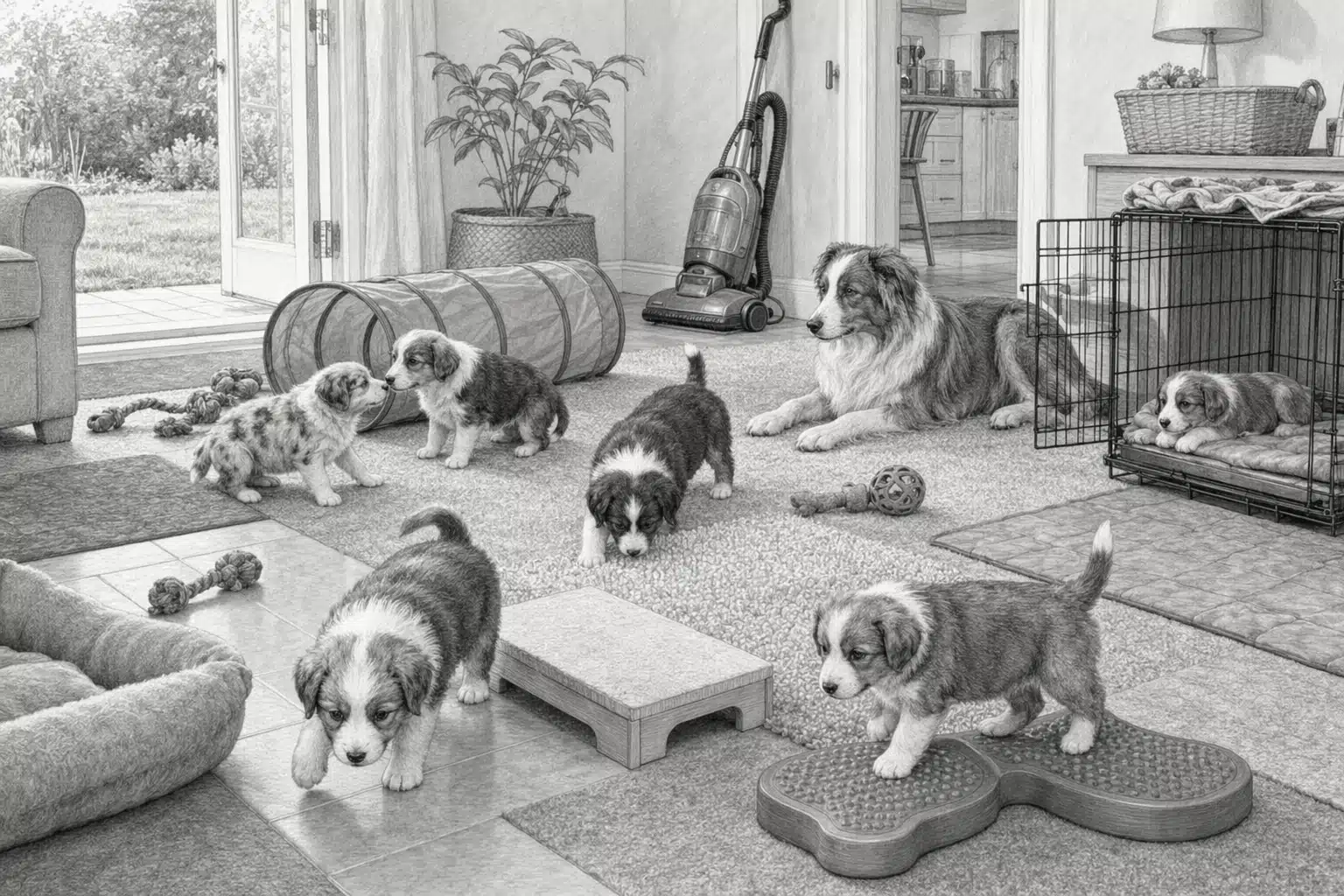 Puppies exploring living room obstacle course