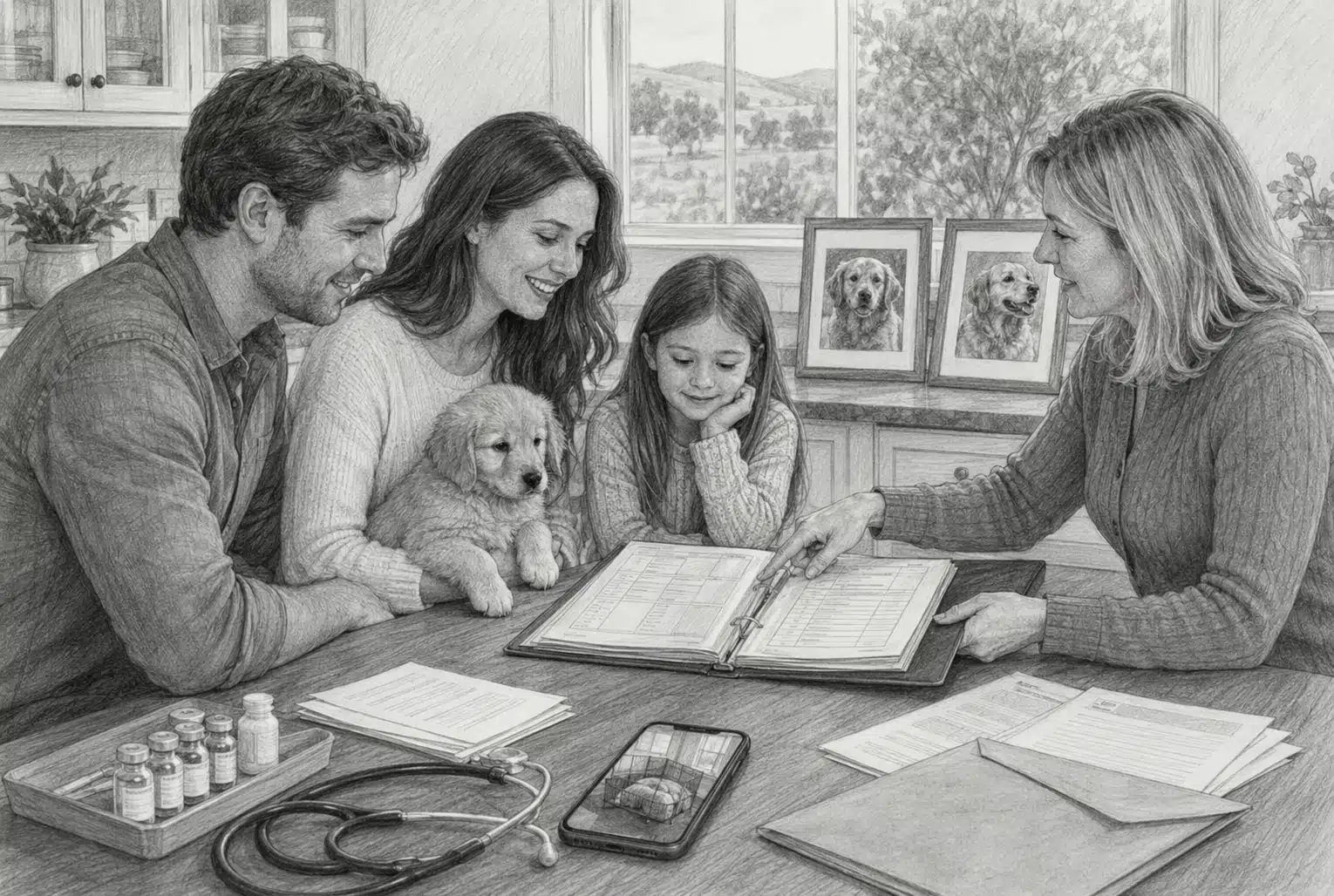Family reviewing puppy health records at kitchen table