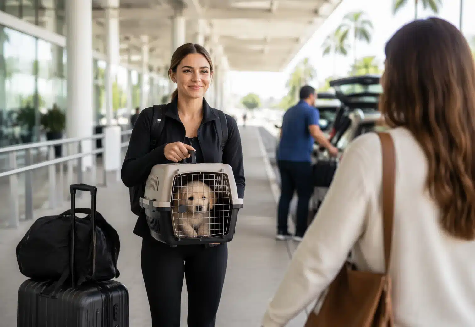 Flight nanny holding puppy carrier at airport curb