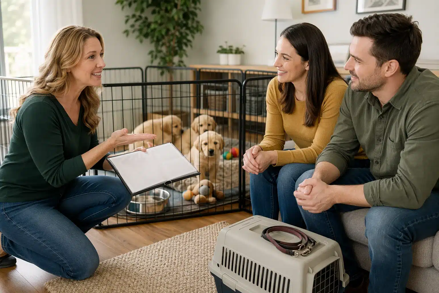 Breeder discussing puppy health with couple in bright home