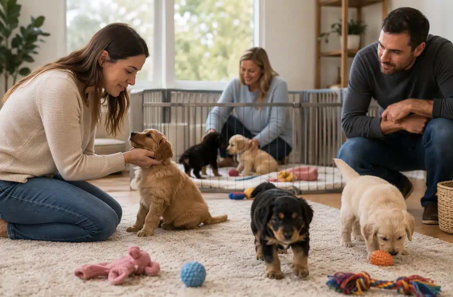 Family-raised puppies playing indoors with adult caregivers