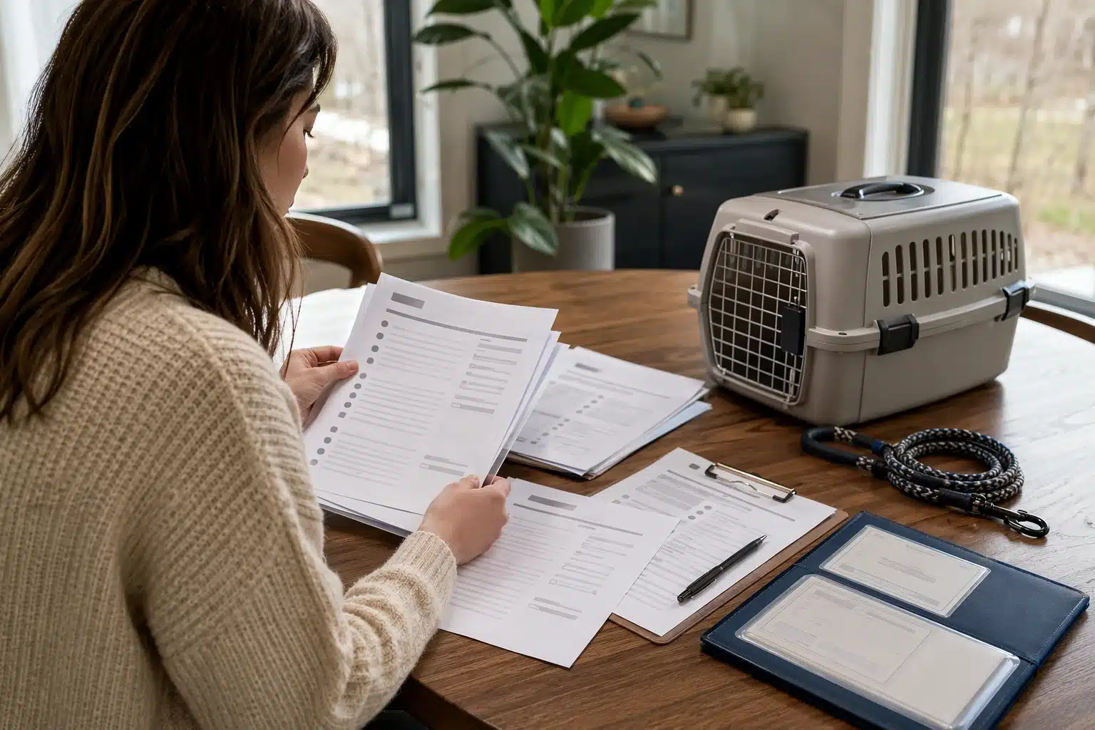 Buyer reviewing puppy contract with carrier leash and vaccination folder