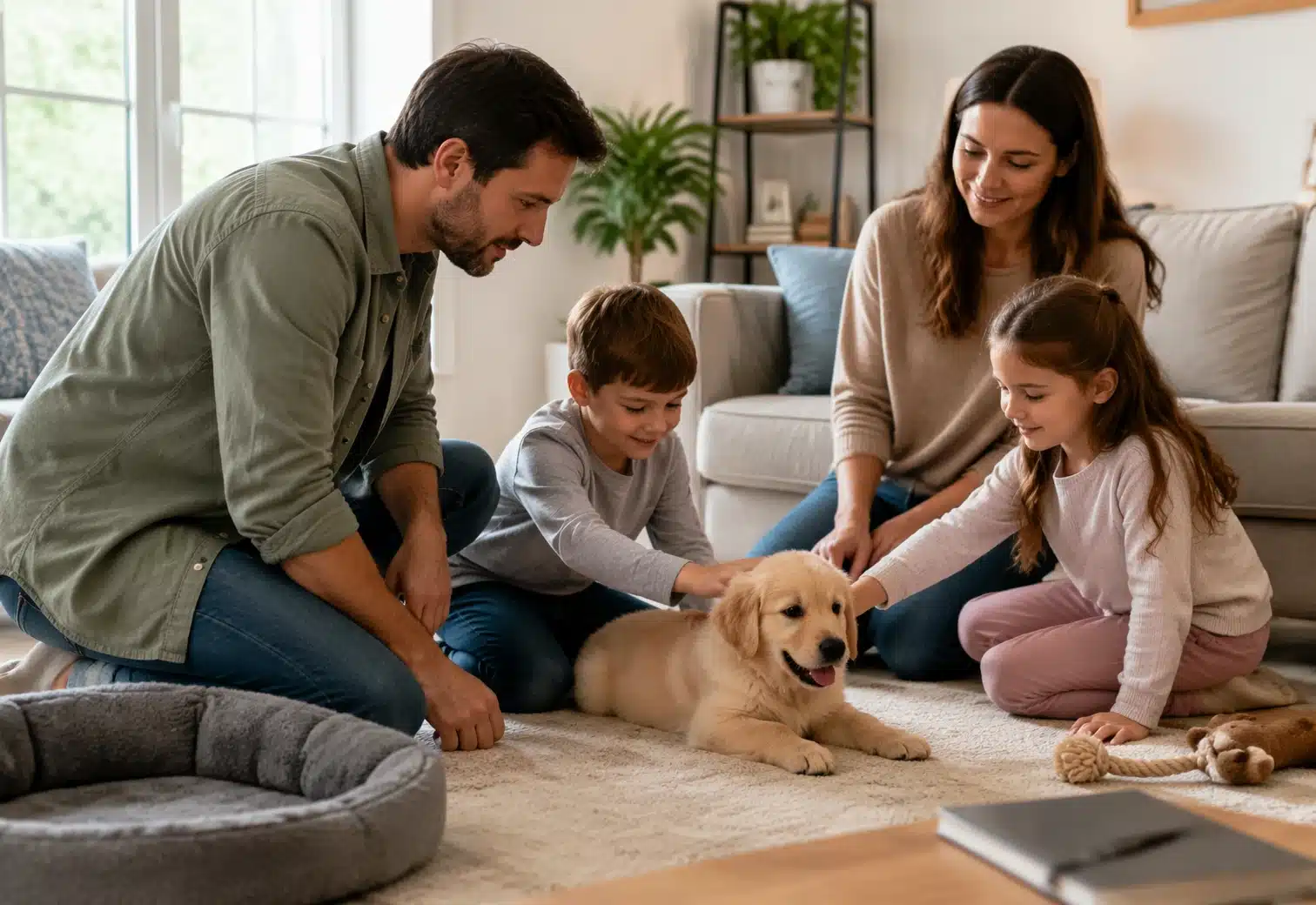 Family with children meeting calm puppy indoors