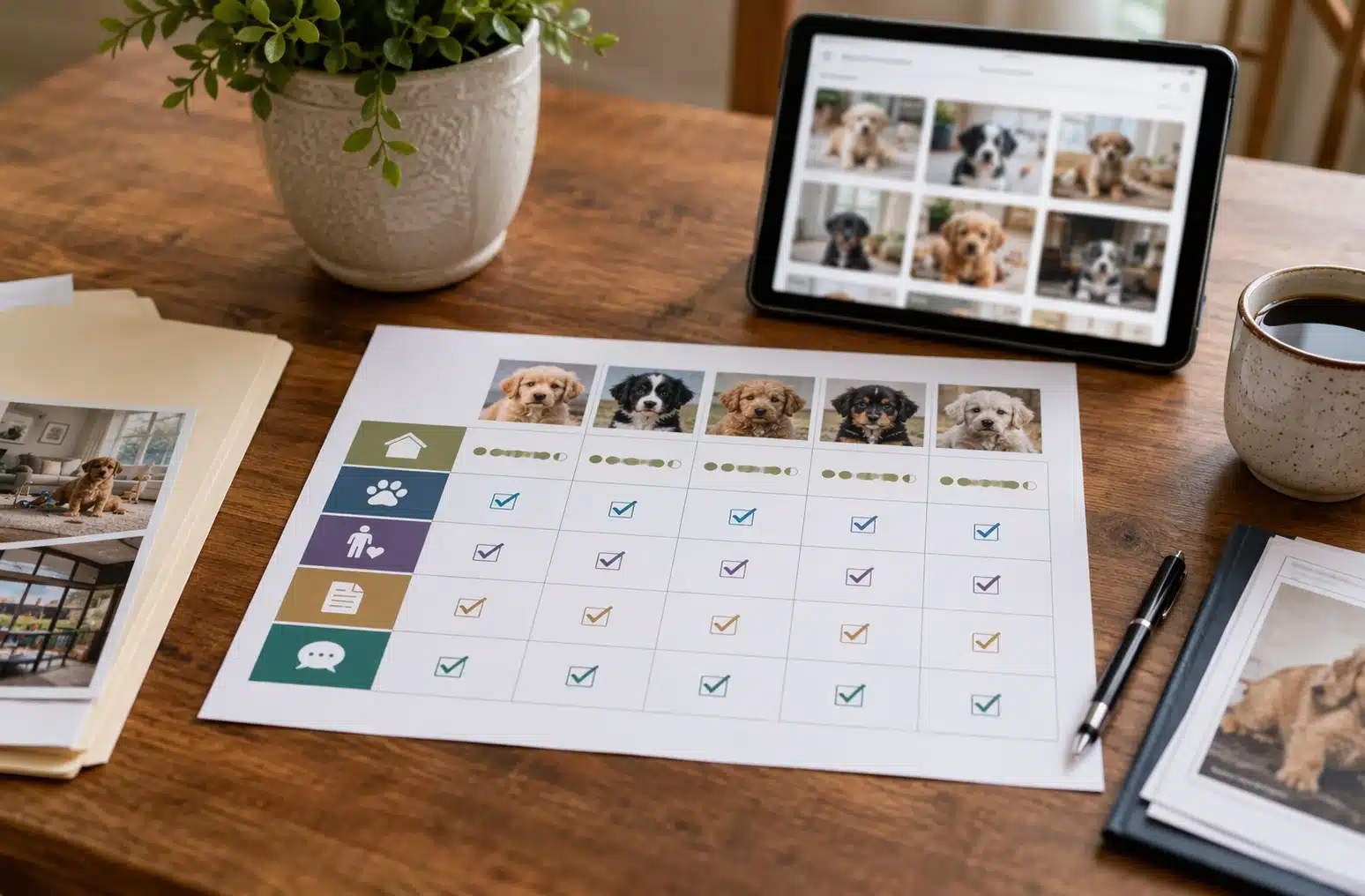 Comparison scorecard with puppy trust signals on a desk